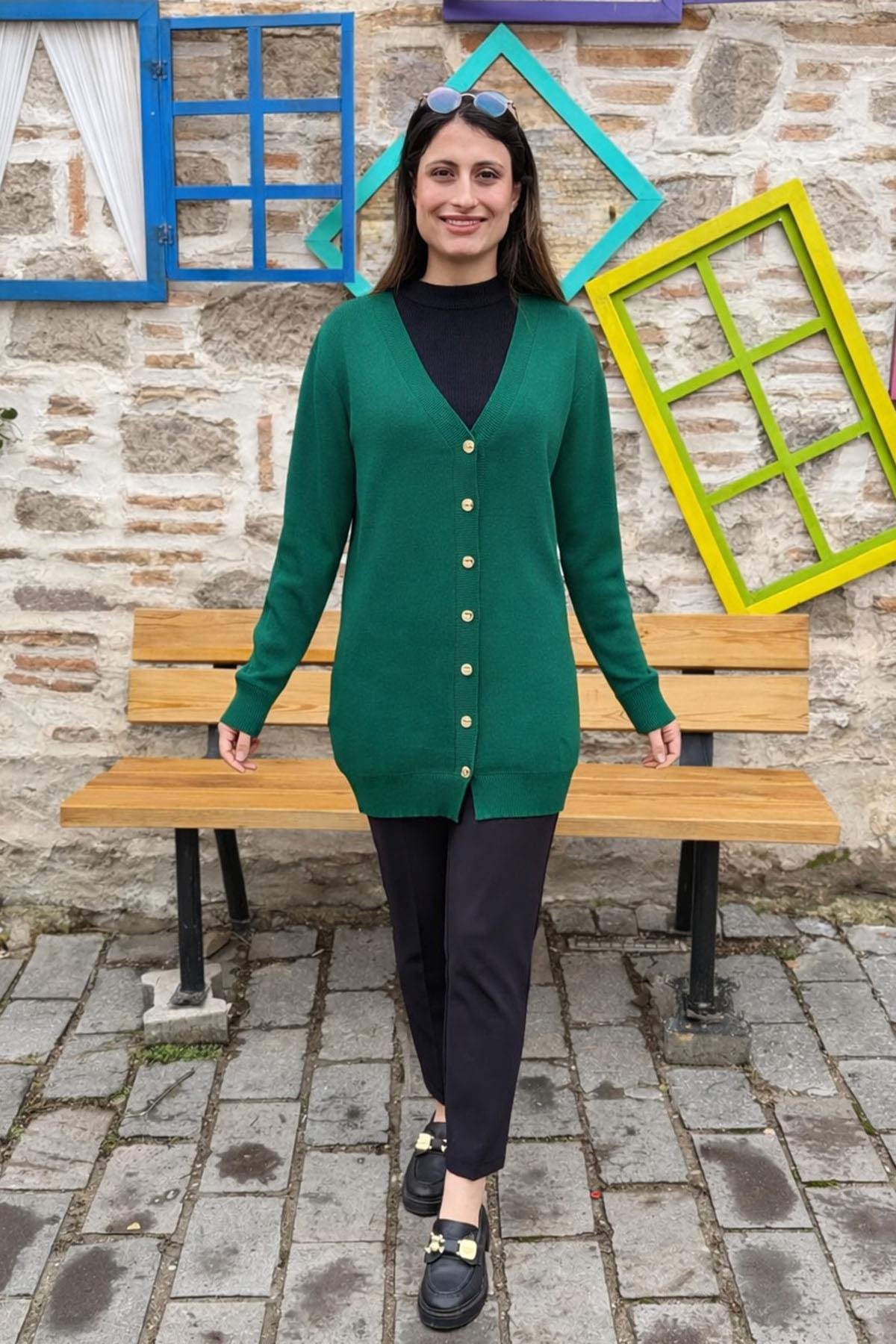 Düğmeli Triko Hırka - ZÜMRÜT