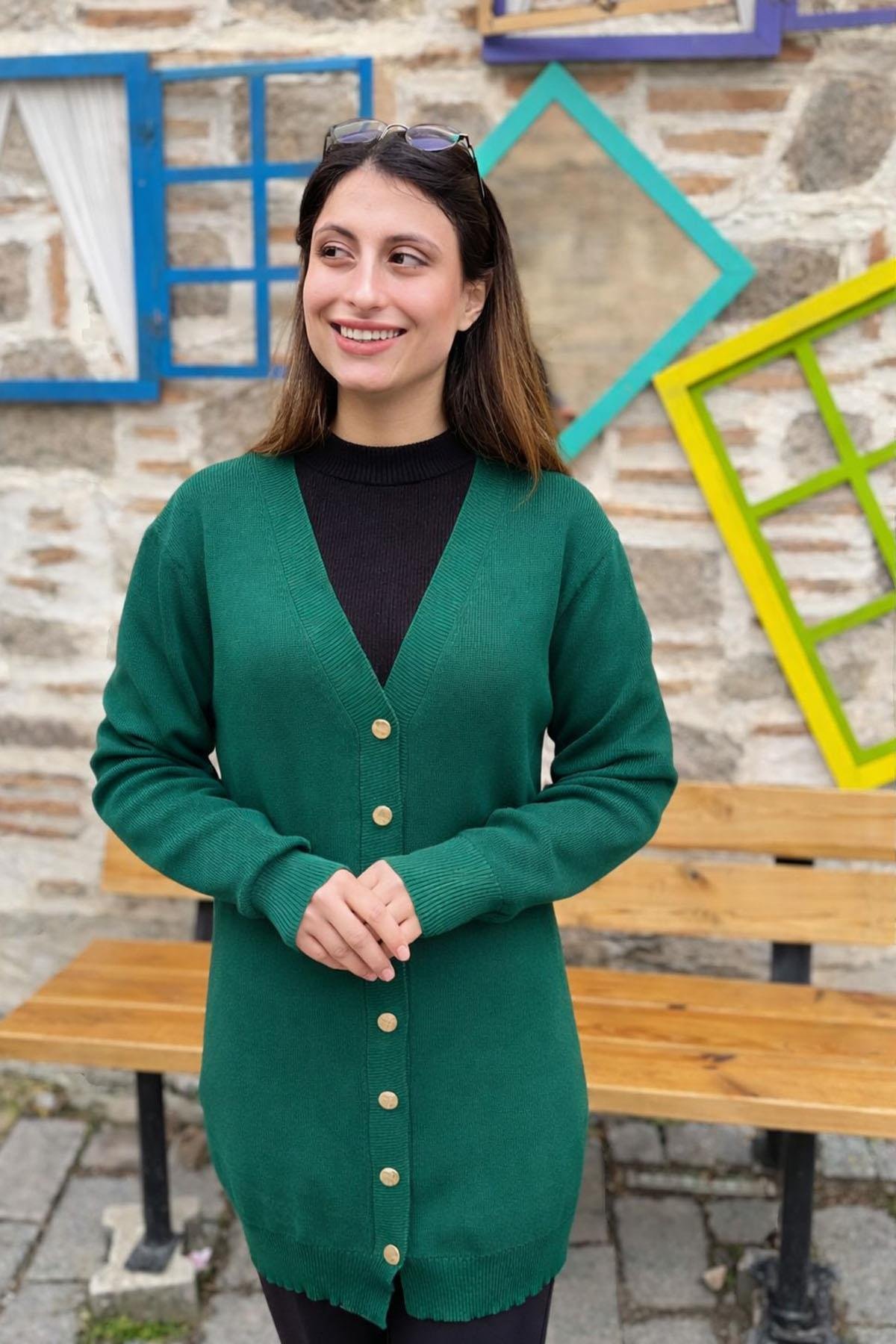 Düğmeli Triko Hırka - ZÜMRÜT