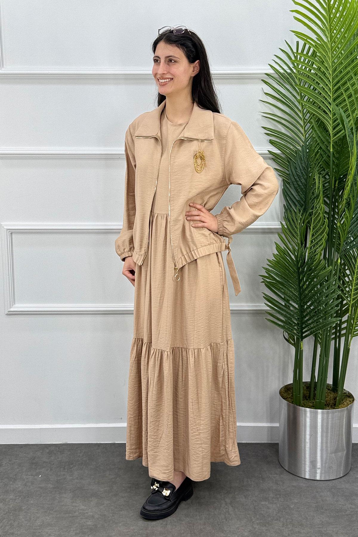 Ecrin Tesettür Elbise - Bej