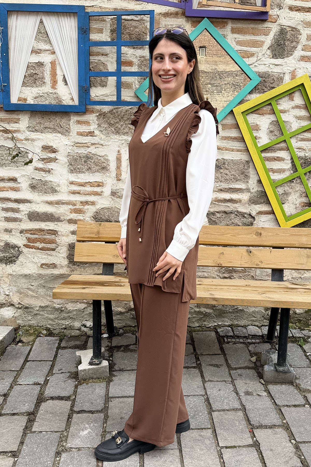 Fırfır Detaylı Piliseli Pantolon 3'lü Takım - KAHVE