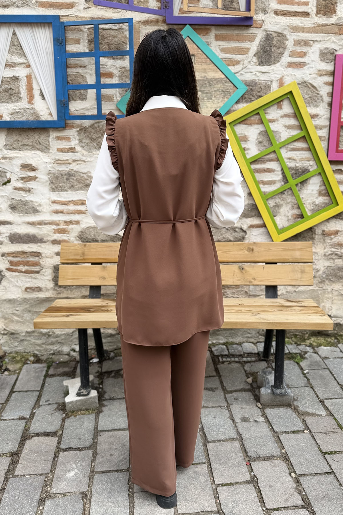 Fırfır Detaylı Piliseli Pantolon 3'lü Takım - KAHVE