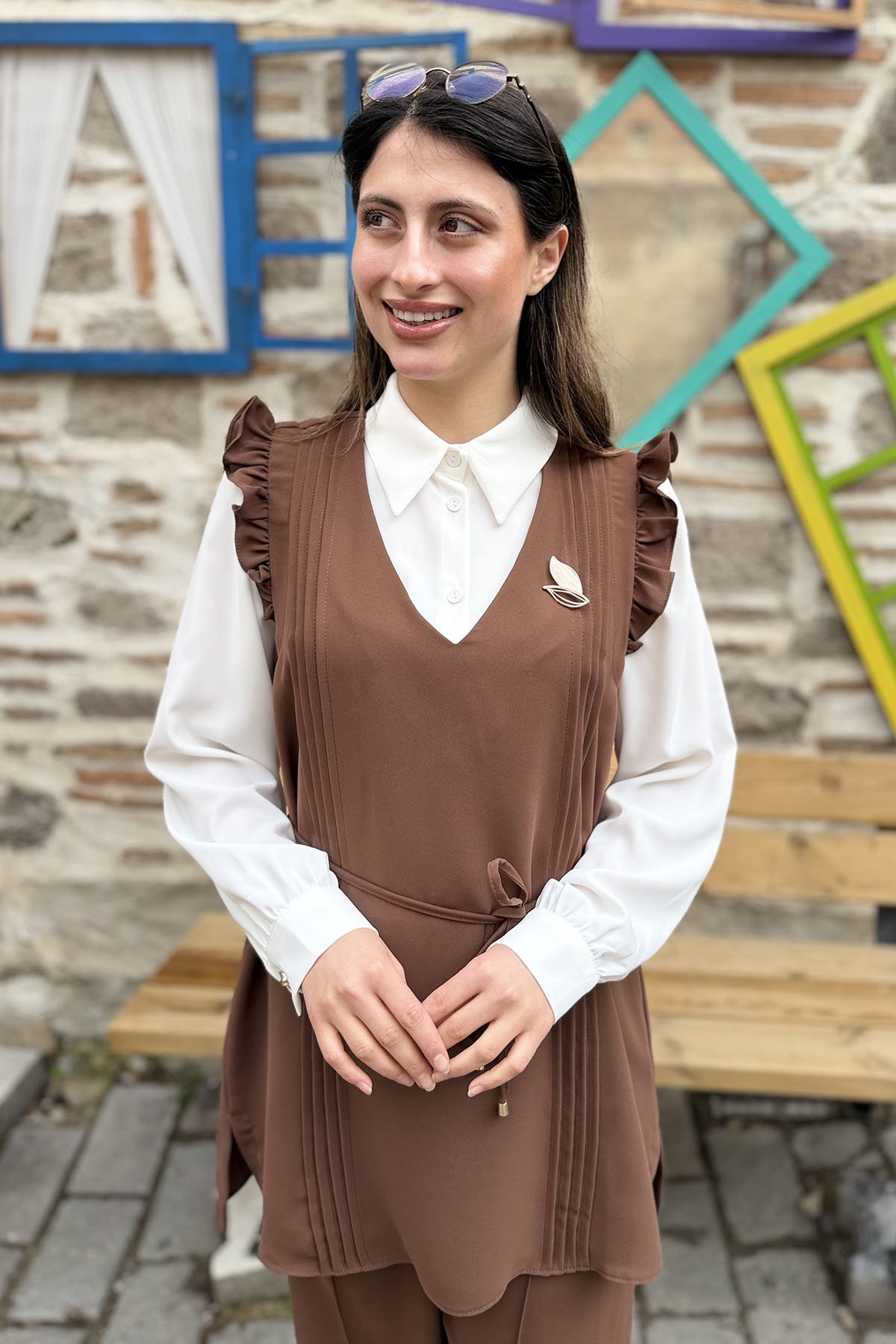 Fırfır Detaylı Piliseli Pantolon 3'lü Takım - KAHVE