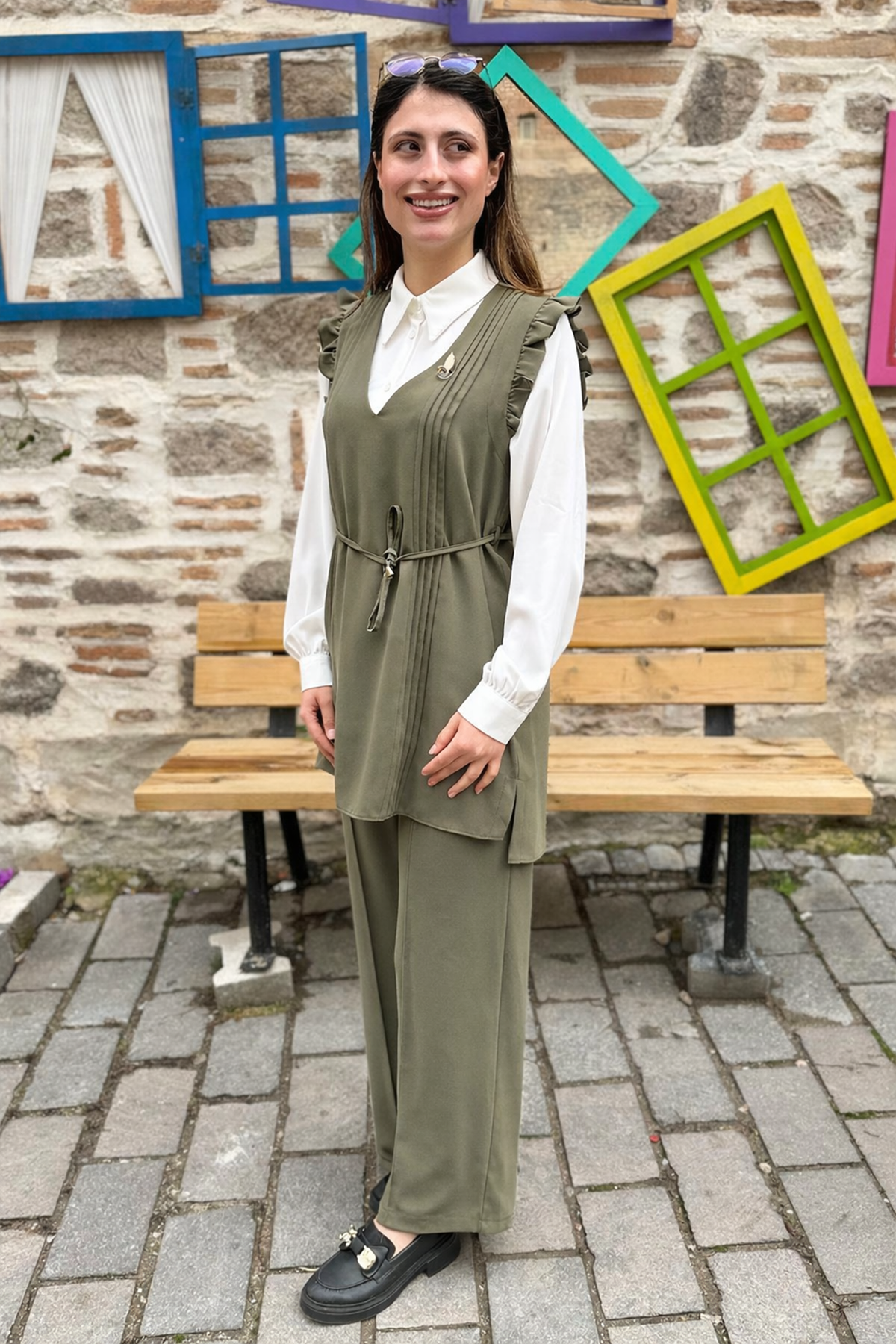 Fırfır Detaylı Piliseli Pantolon 3'lü Takım - HAKİ