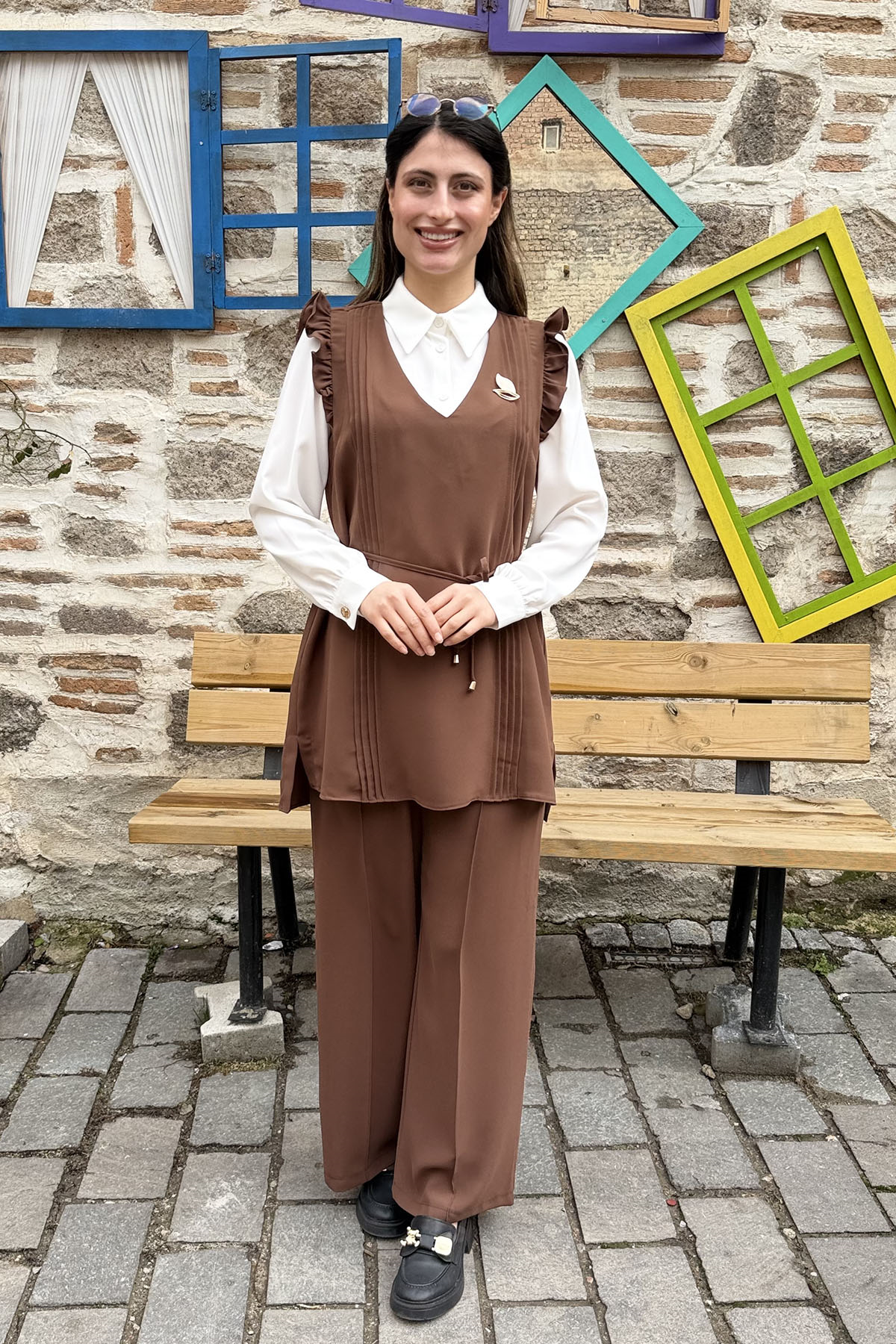 Fırfır Detaylı Piliseli Pantolon 3'lü Takım - KAHVE