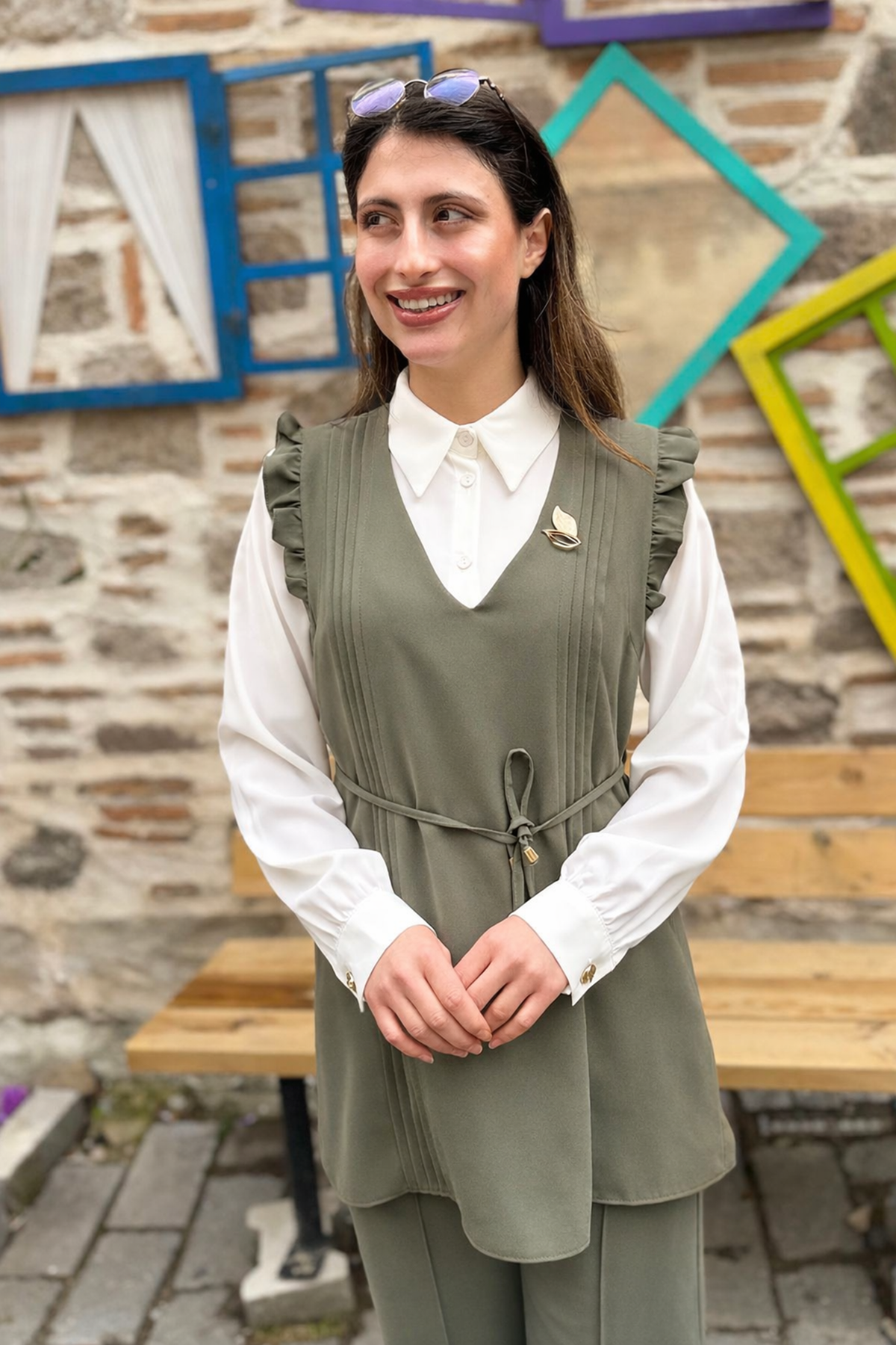 Fırfır Detaylı Piliseli Pantolon 3'lü Takım - HAKİ