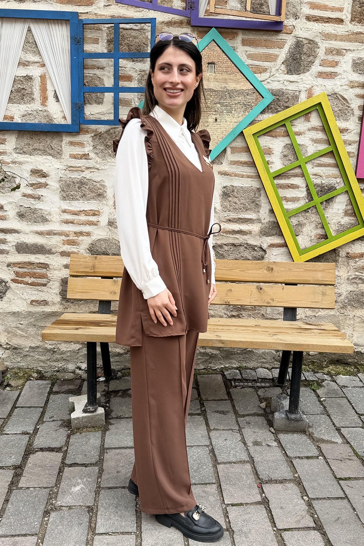 Fırfır Detaylı Piliseli Pantolon 3'lü Takım - KAHVE