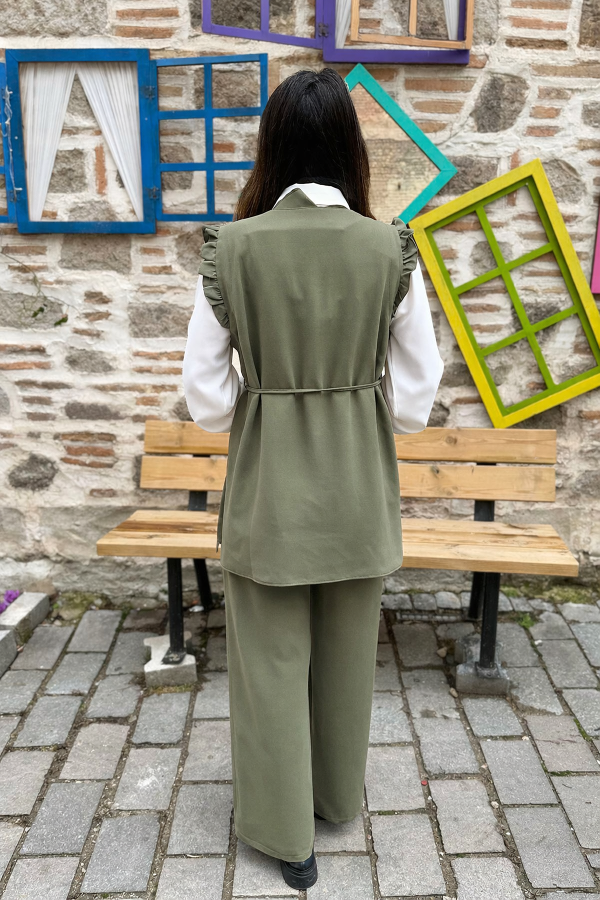 Fırfır Detaylı Piliseli Pantolon 3'lü Takım - HAKİ