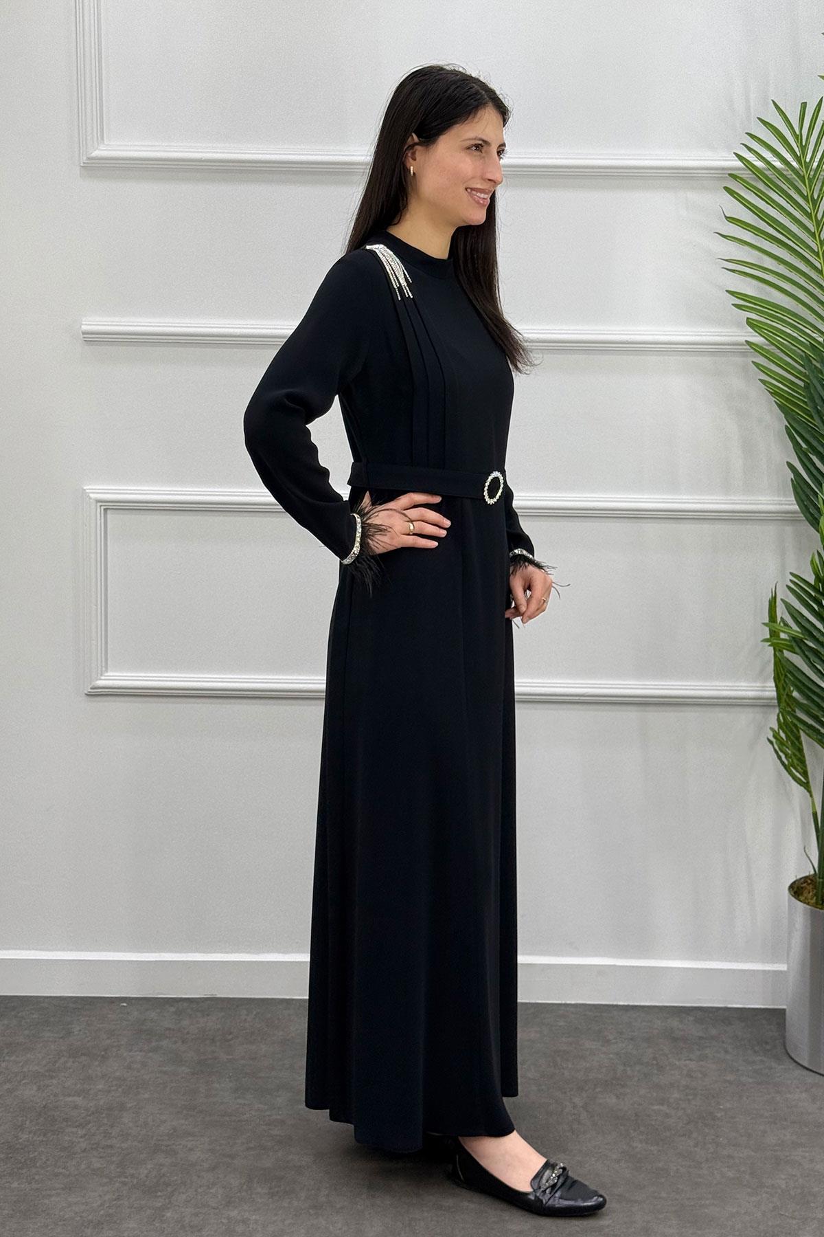 5034 Gaze Kol Tüylü Elbise - Siyah