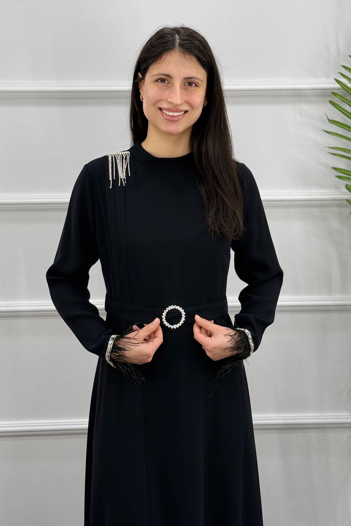 5034 Gaze Kol Tüylü Elbise - Siyah