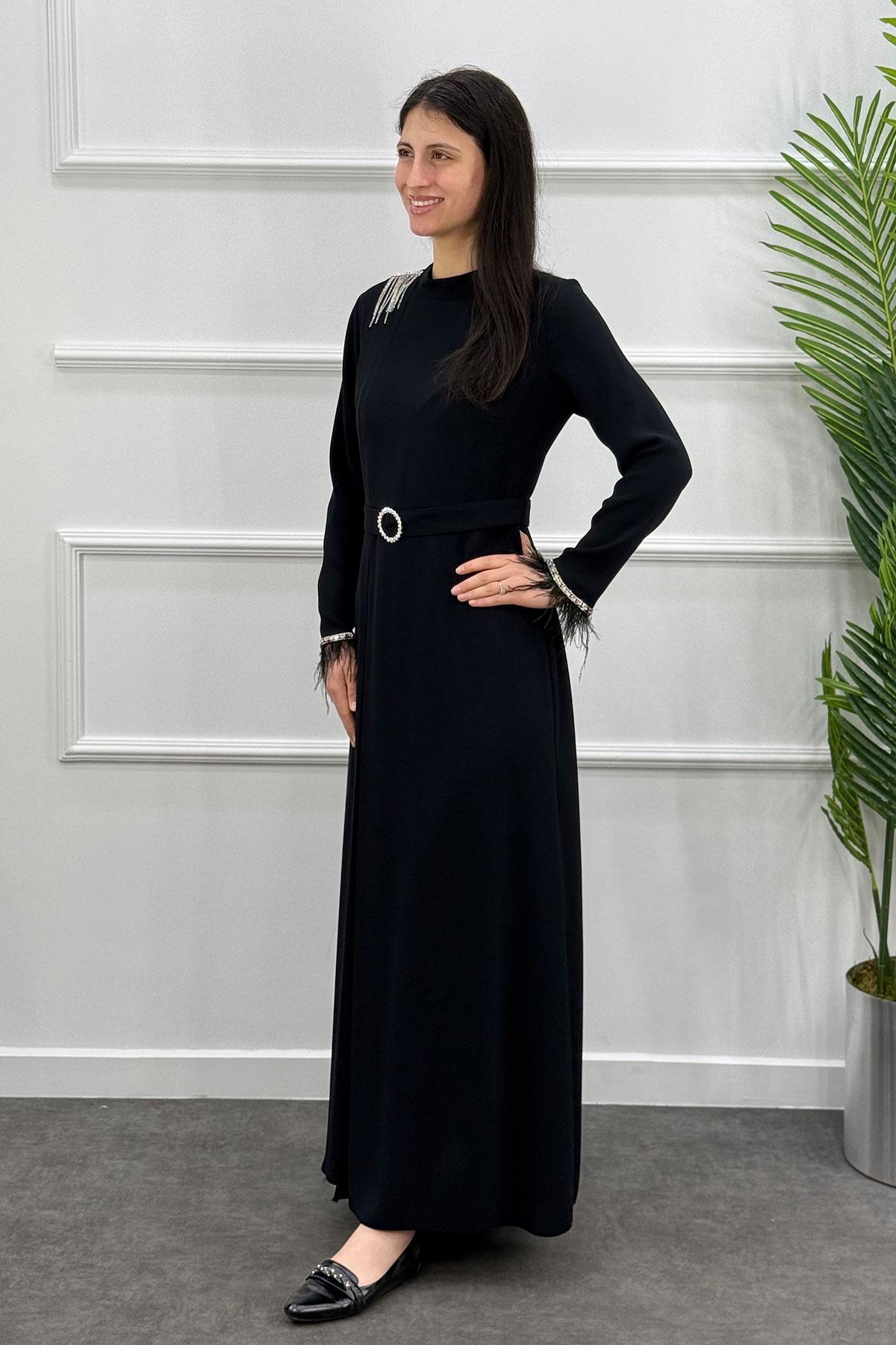 5034 Gaze Kol Tüylü Elbise - Siyah