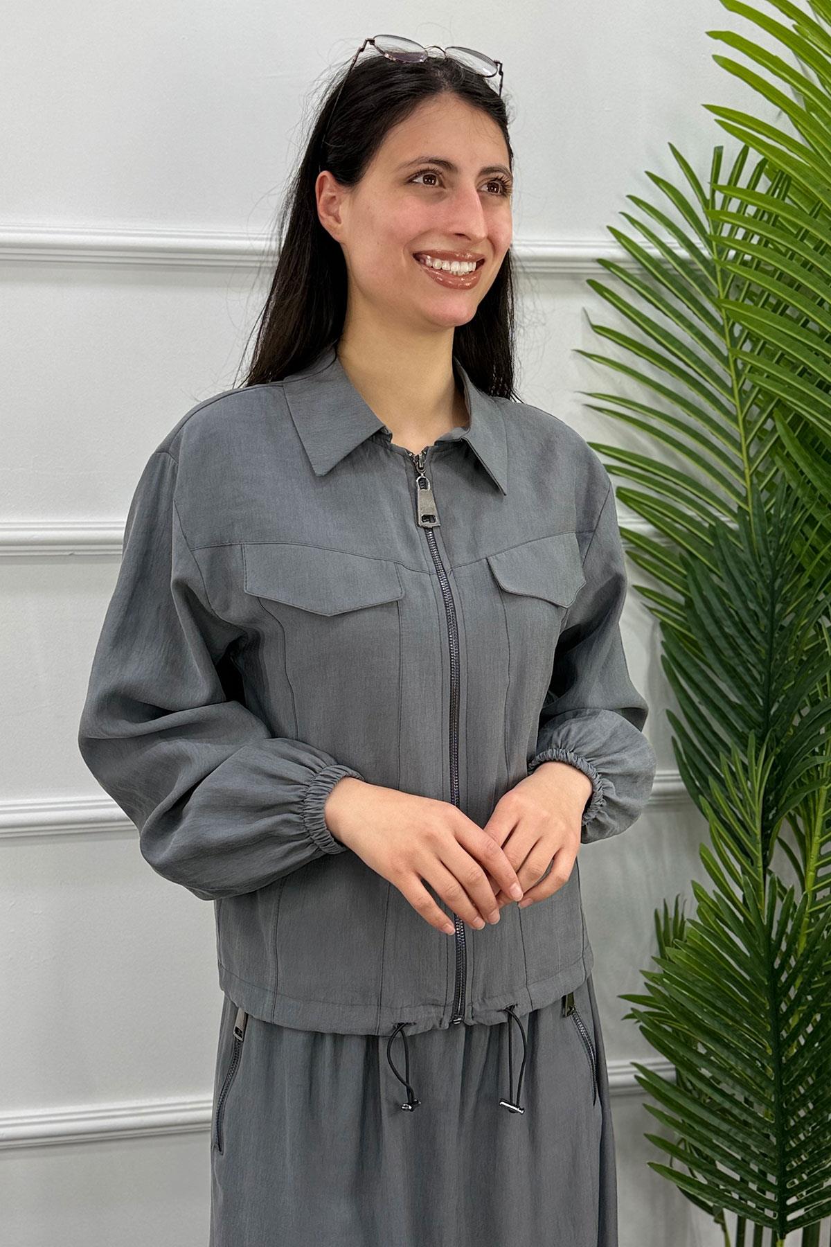 Gömlek Yaka Fermuarlı Ceket Etek Takım - Gri