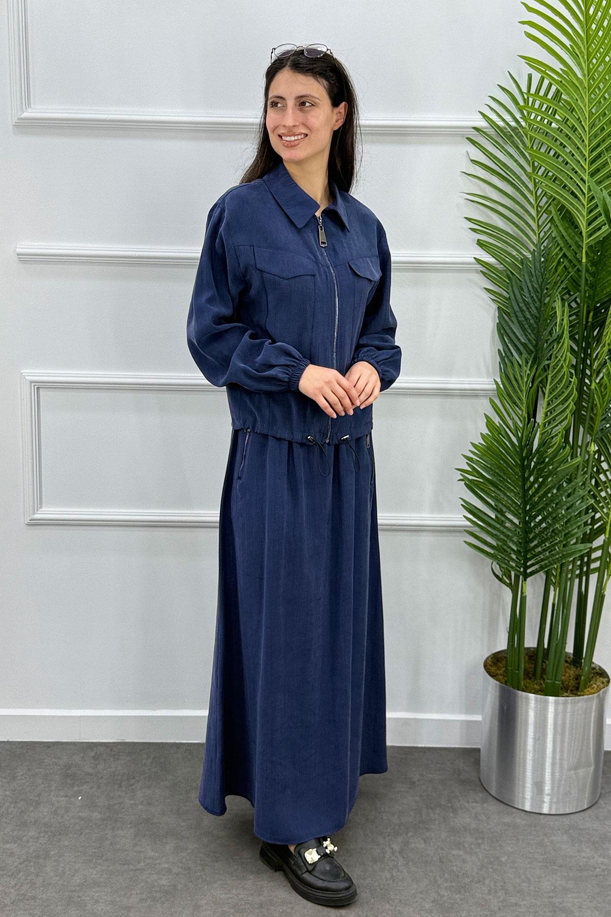 Gömlek Yaka Fermuarlı Ceket Etek Takım - İndigo