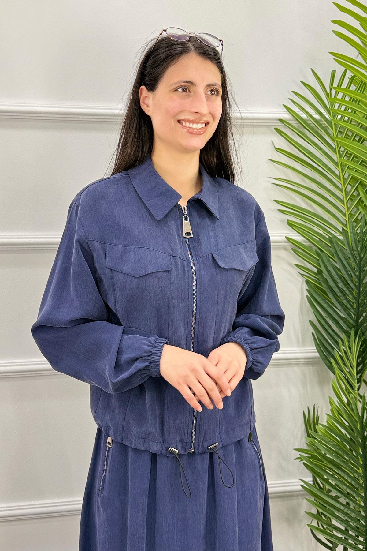 Gömlek Yaka Fermuarlı Ceket Etek Takım - İndigo