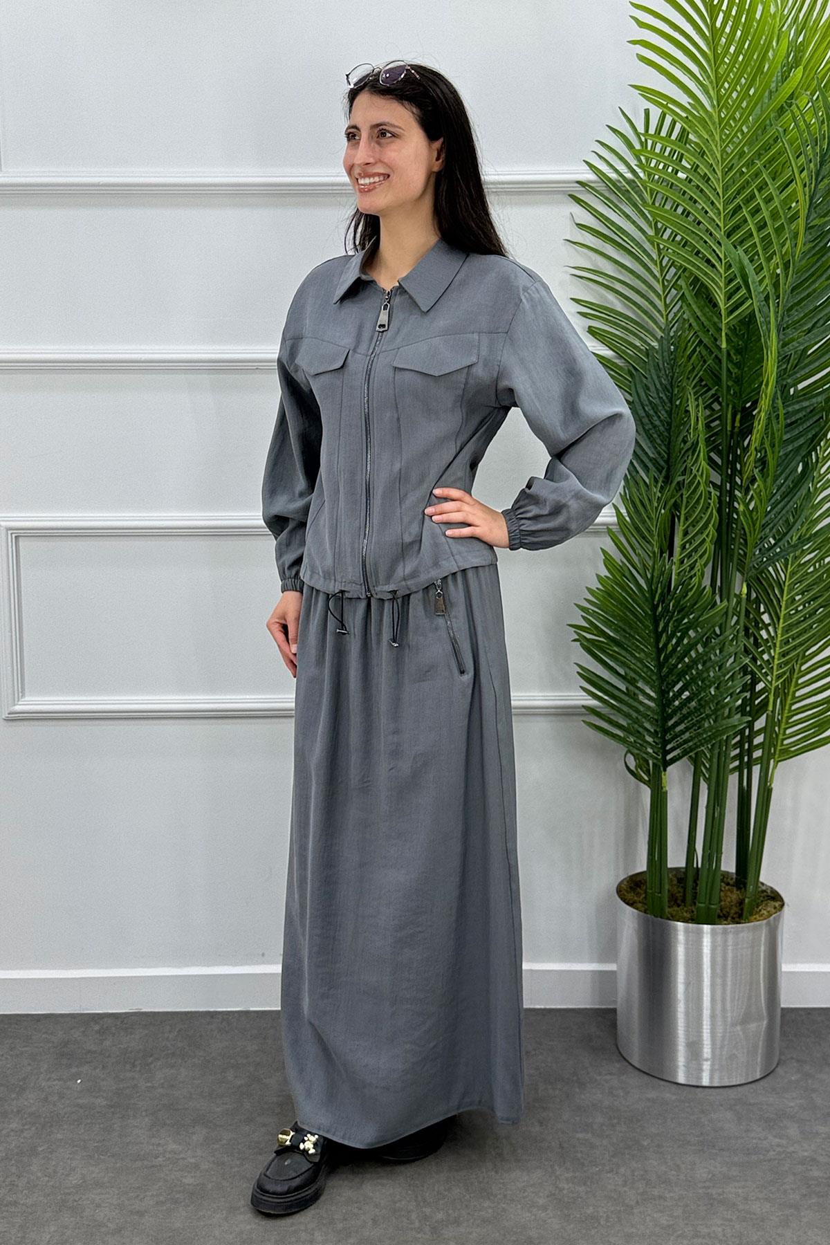 Gömlek Yaka Fermuarlı Ceket Etek Takım - Gri