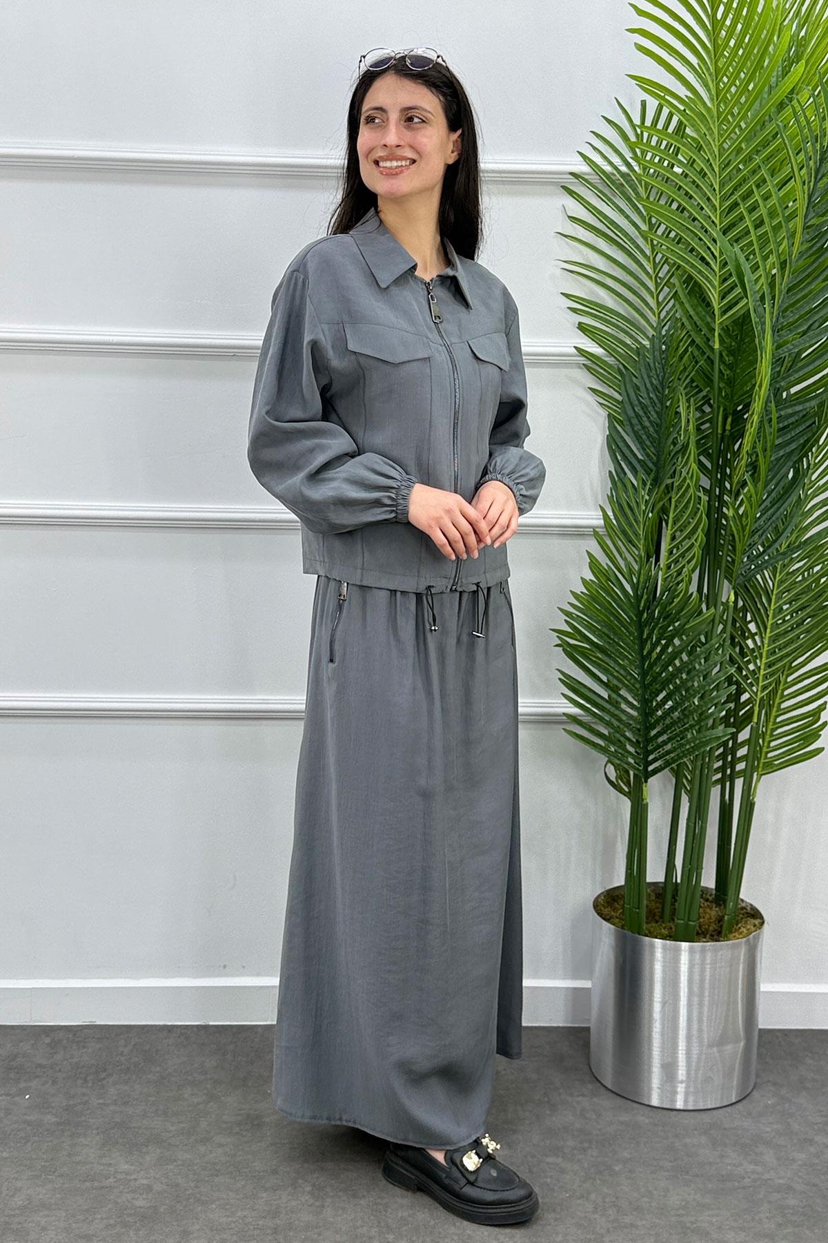 Gömlek Yaka Fermuarlı Ceket Etek Takım - Gri