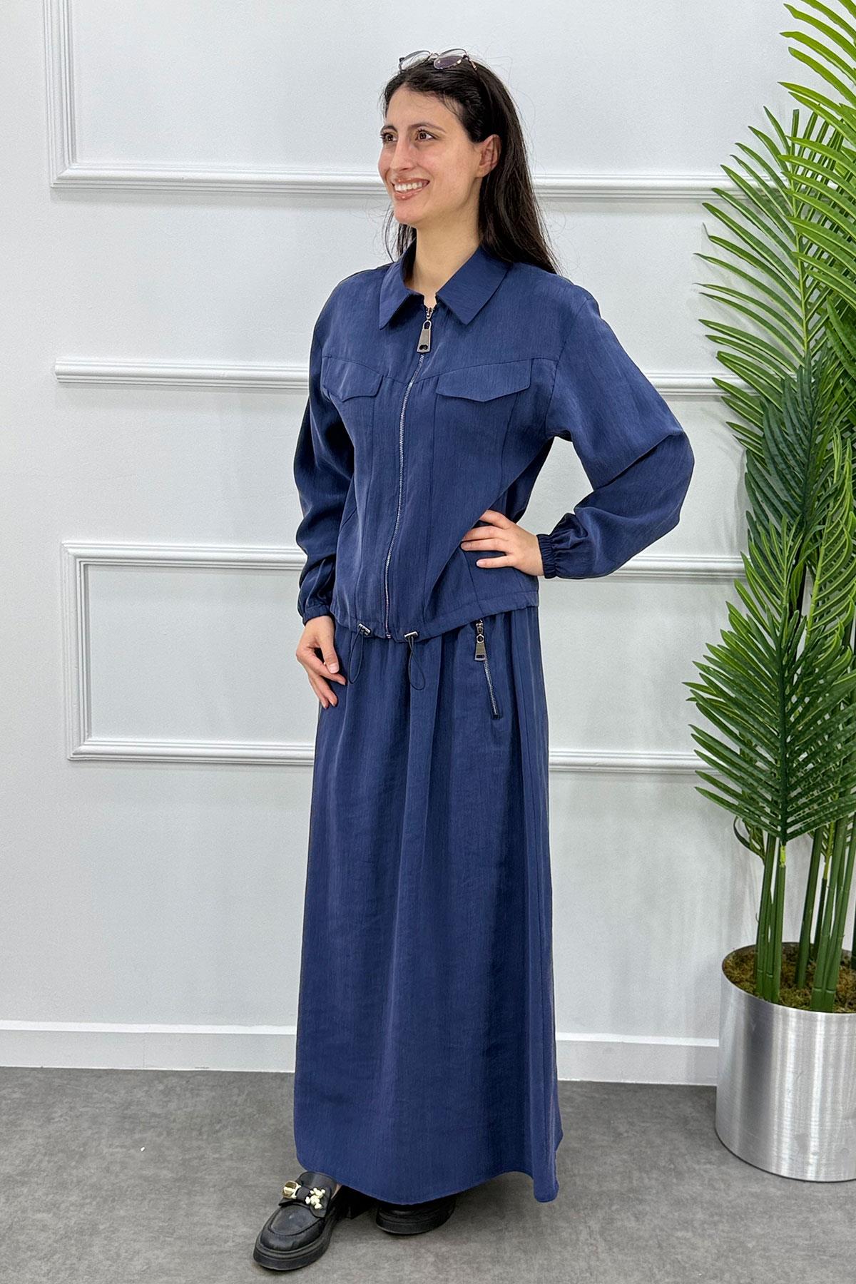 Gömlek Yaka Fermuarlı Ceket Etek Takım - İndigo