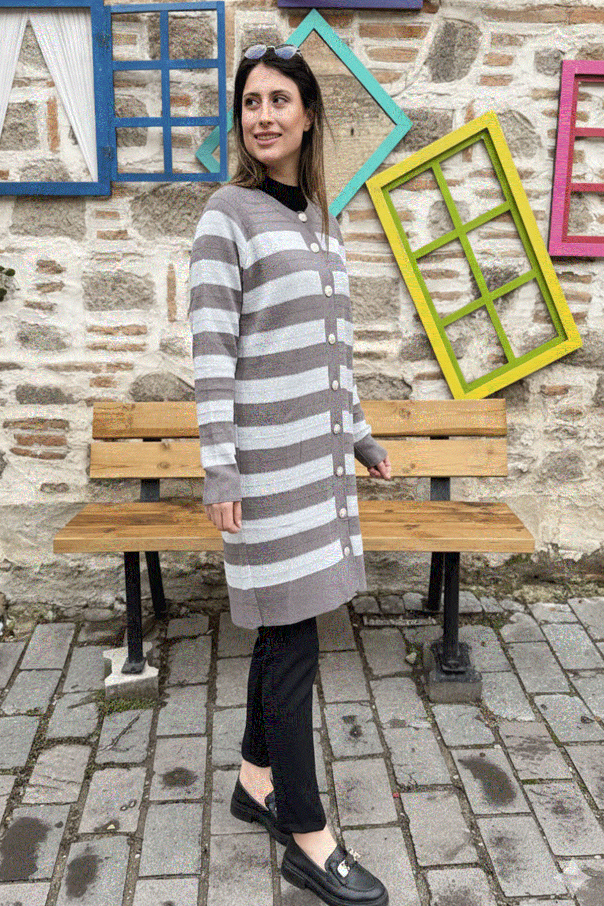 Gri Çizgili Uzun Triko Hırka - GRİ