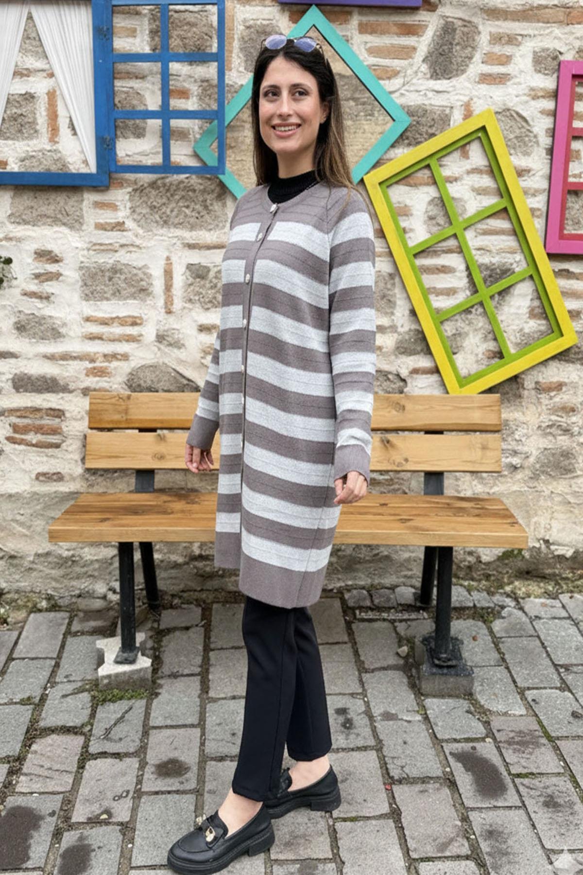 Gri Çizgili Uzun Triko Hırka - GRİ