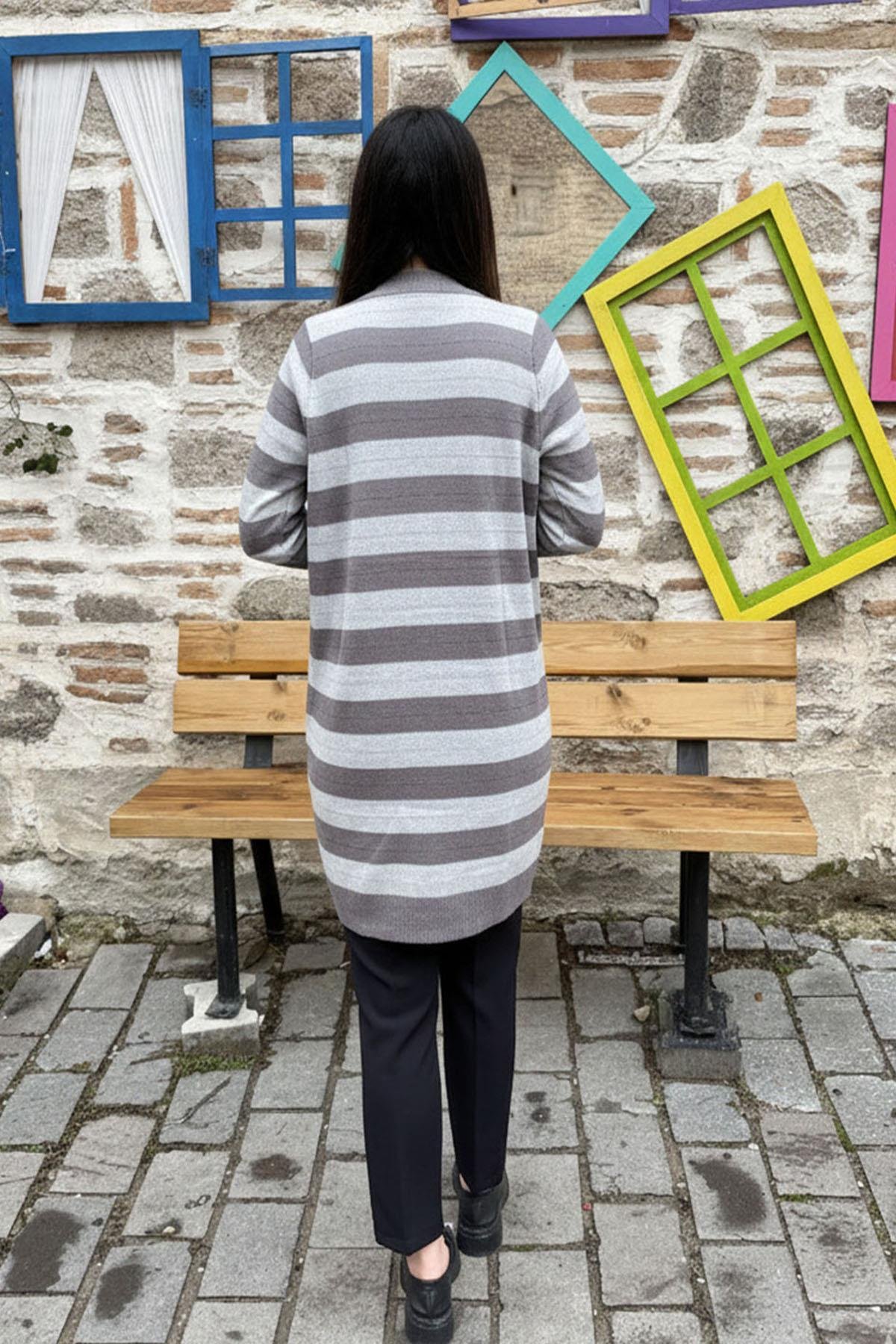 Gri Çizgili Uzun Triko Hırka - GRİ