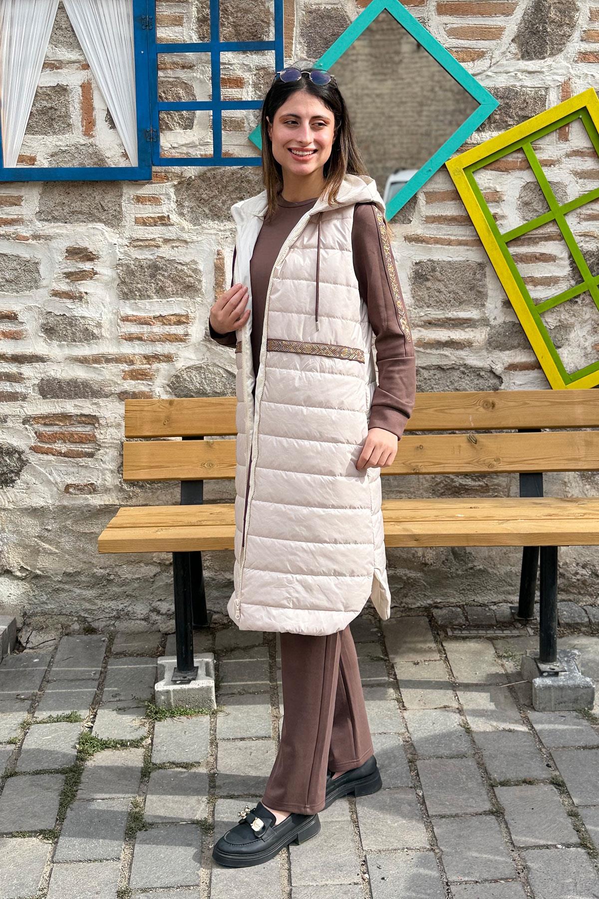 İki İplik Tunik Pantolon Takım Kapitone Yelek - BEJ