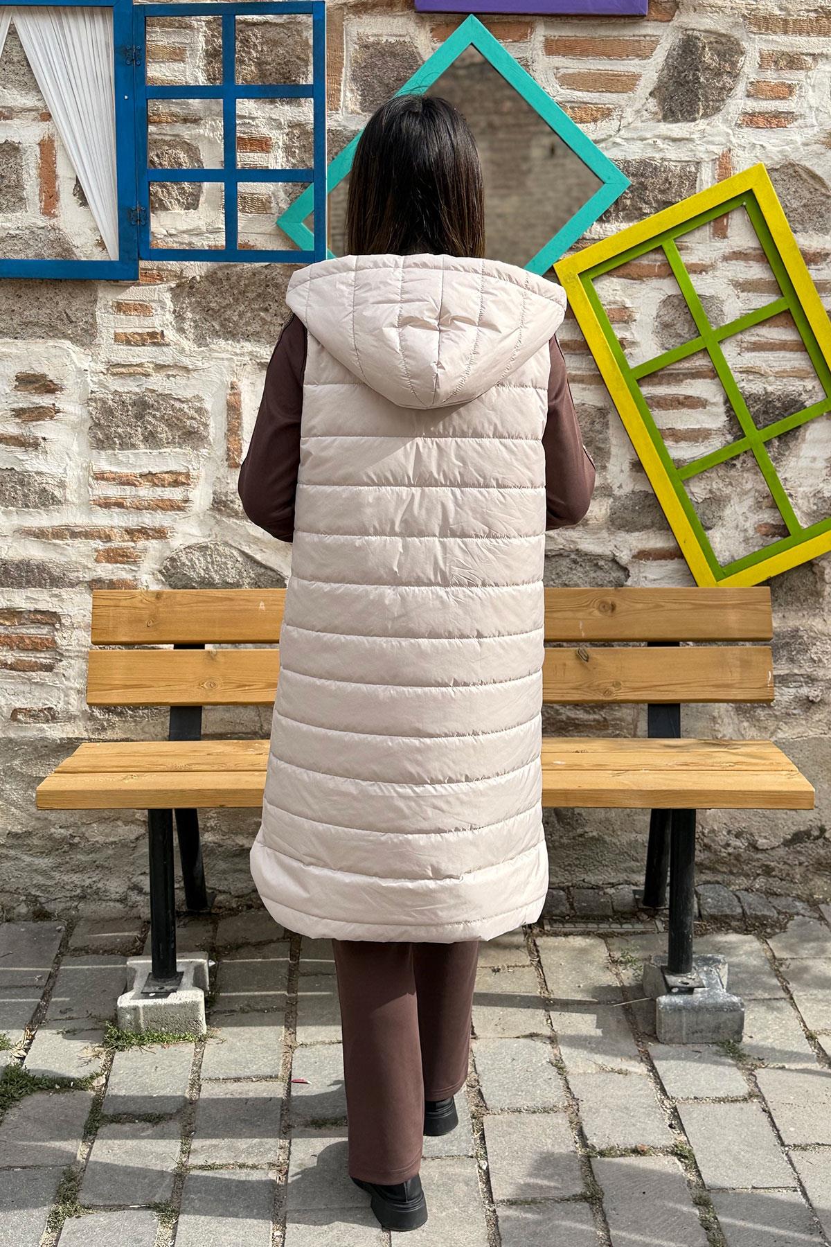 İki İplik Tunik Pantolon Takım Kapitone Yelek - BEJ