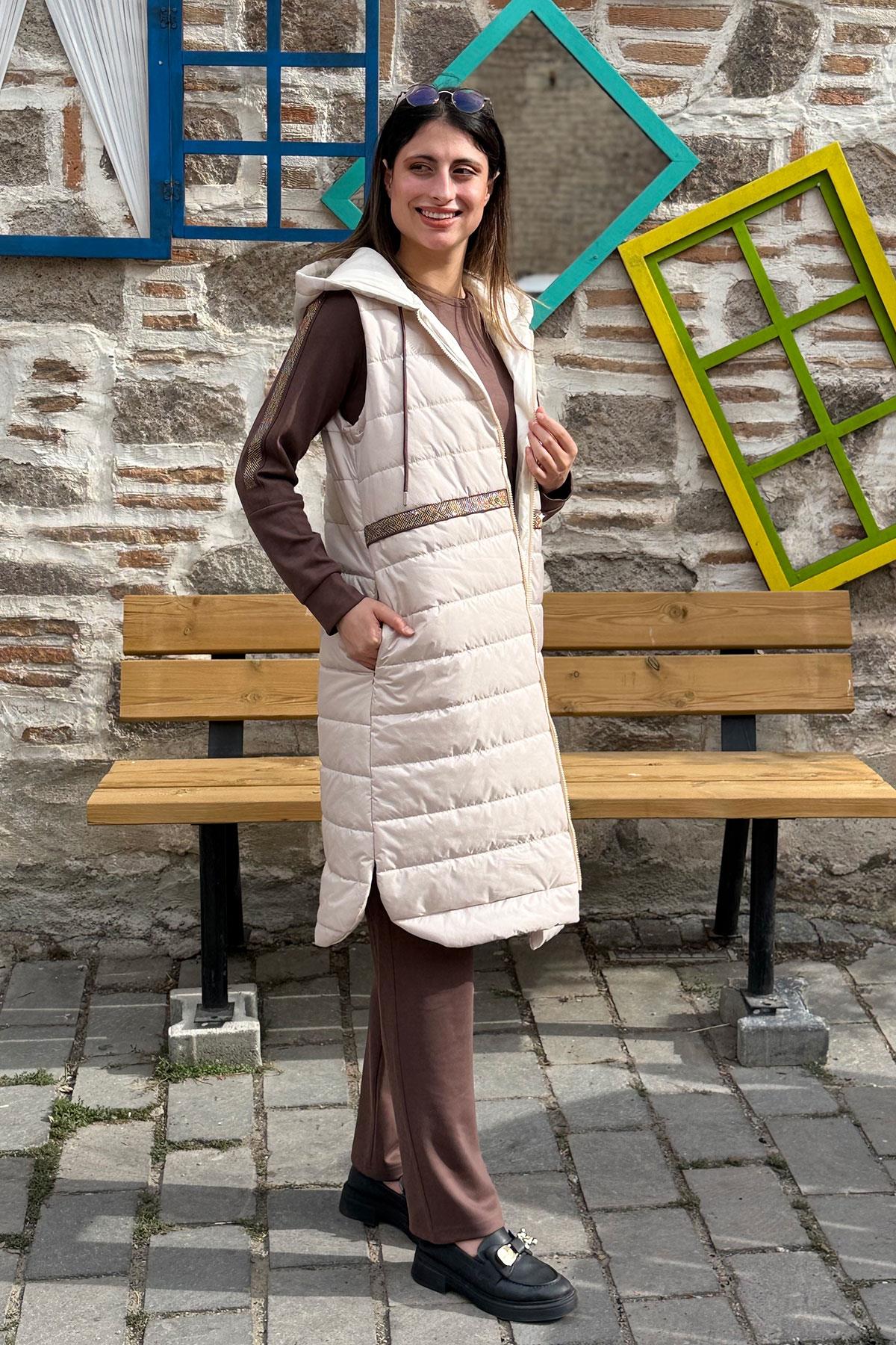 İki İplik Tunik Pantolon Takım Kapitone Yelek - BEJ