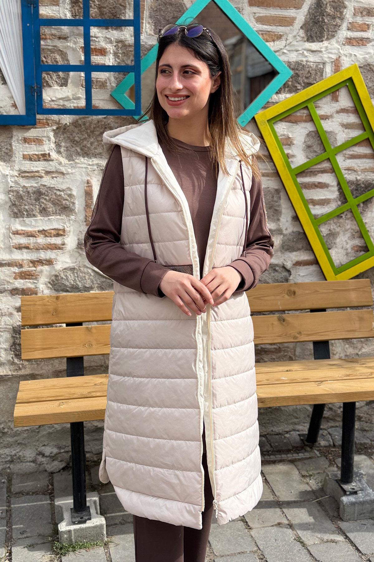 İki İplik Tunik Pantolon Takım Kapitone Yelek - BEJ