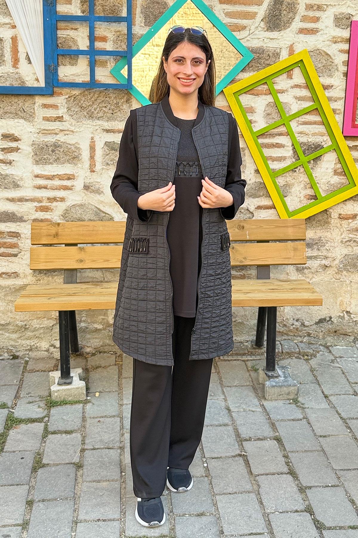 Kapitone Yelekli Boncuk İşlemeli Üçlü Takım - SİYAH