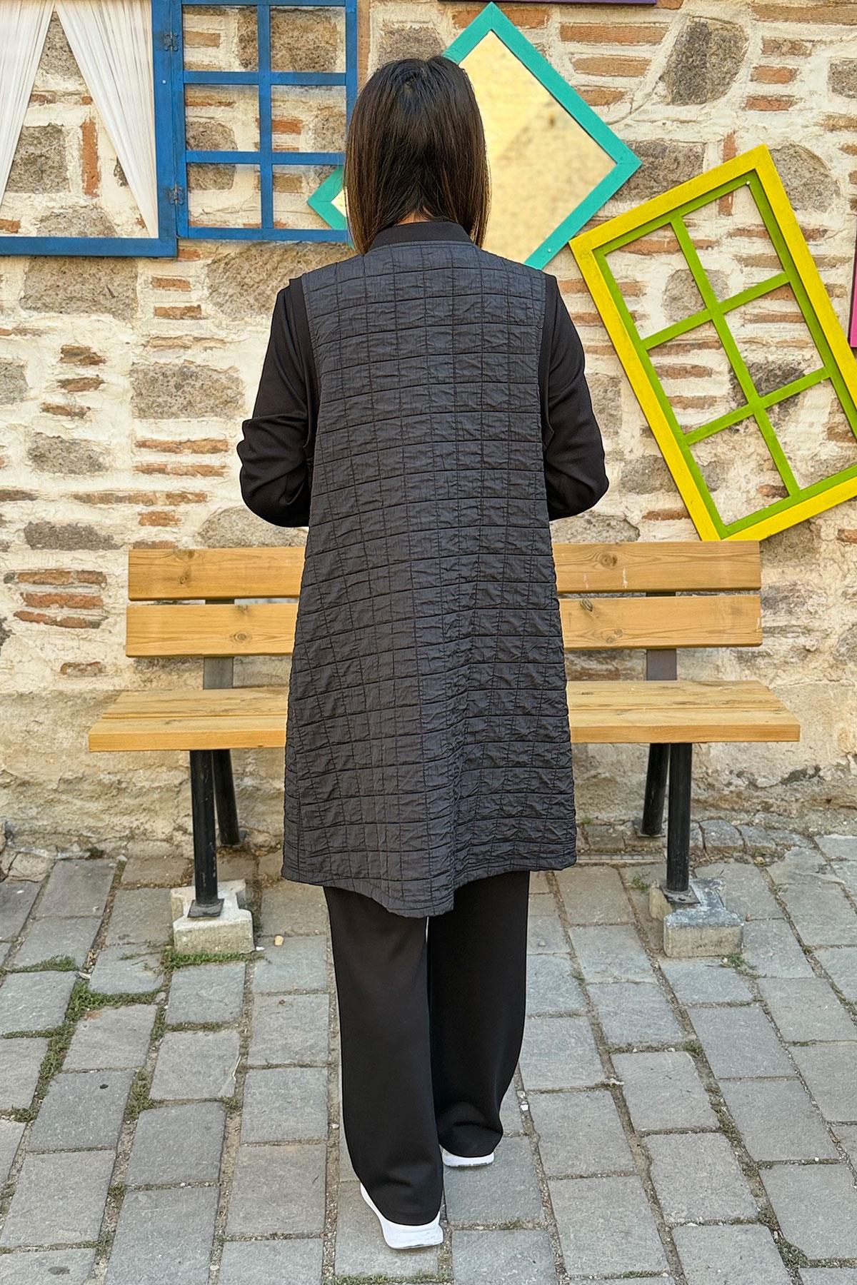 Kapitone Yelekli Boncuk İşlemeli Üçlü Takım - SİYAH