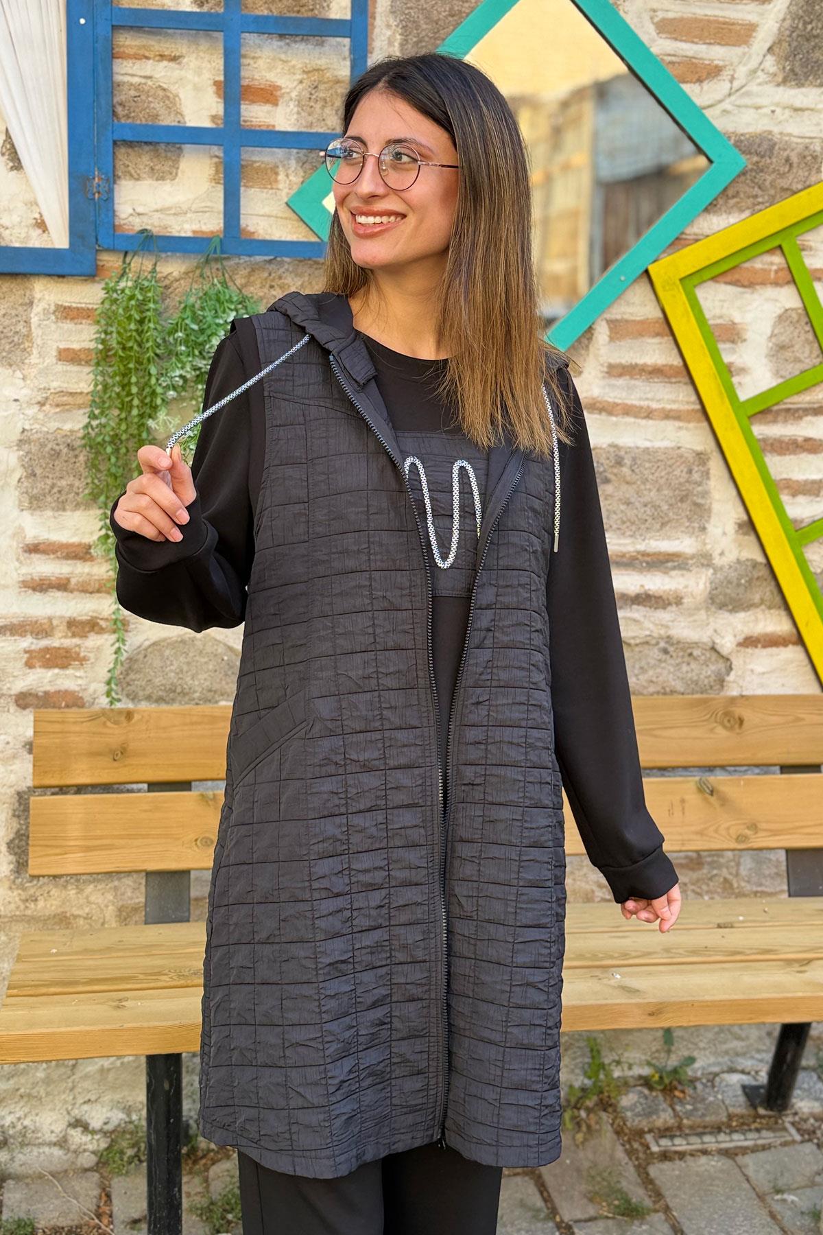 Kapitone Yelekli Oysho Kumaş Üçlü Takım - SİYAH