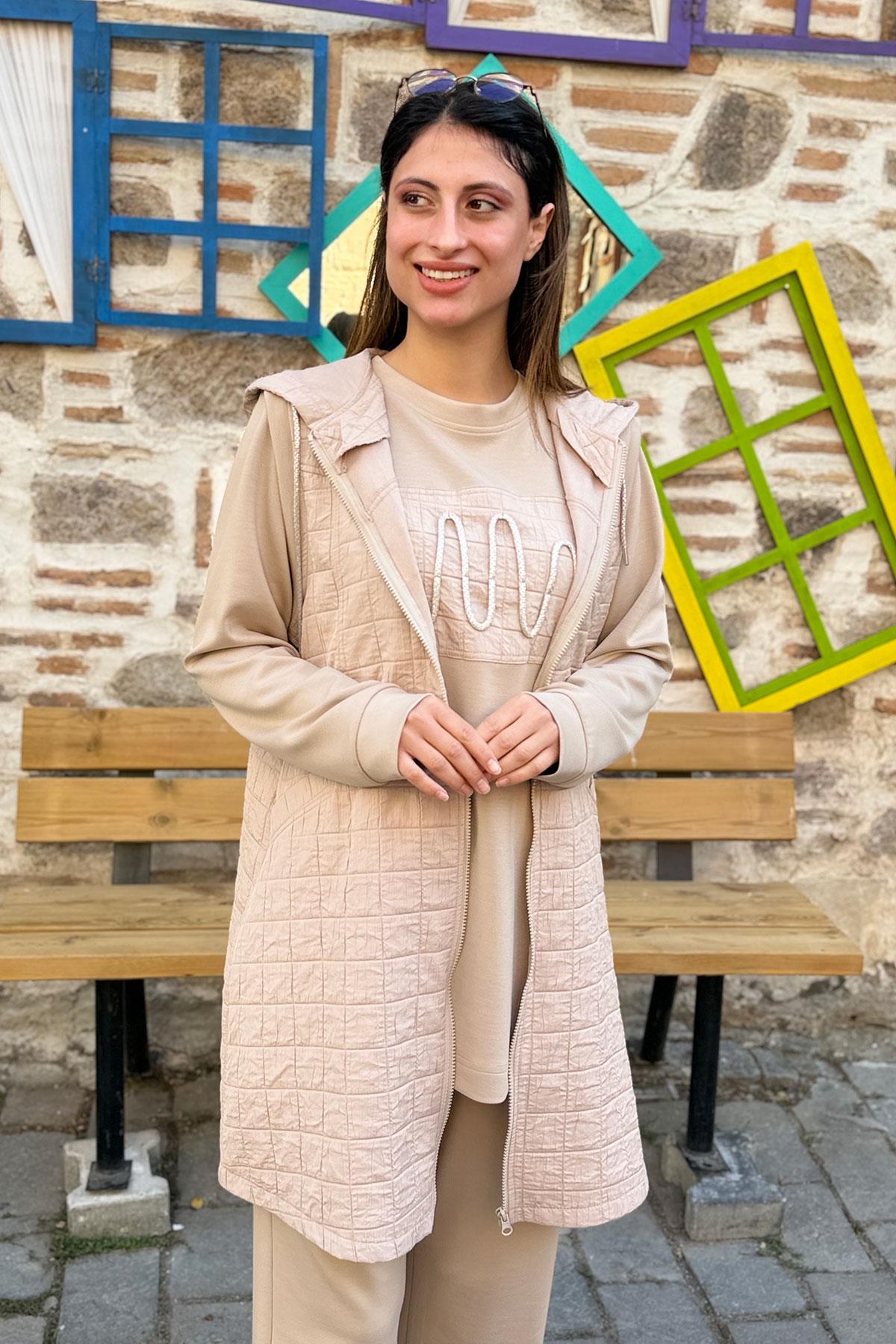 Kapitone Yelekli Oysho Kumaş Üçlü Takım - BEJ