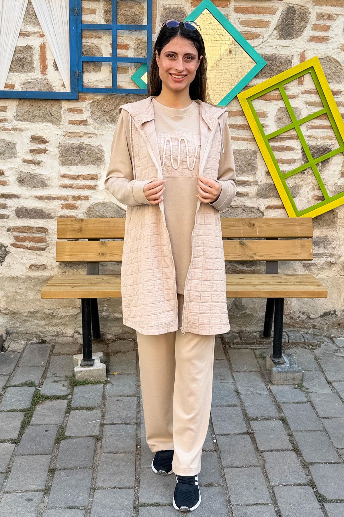 Kapitone Yelekli Oysho Kumaş Üçlü Takım - BEJ