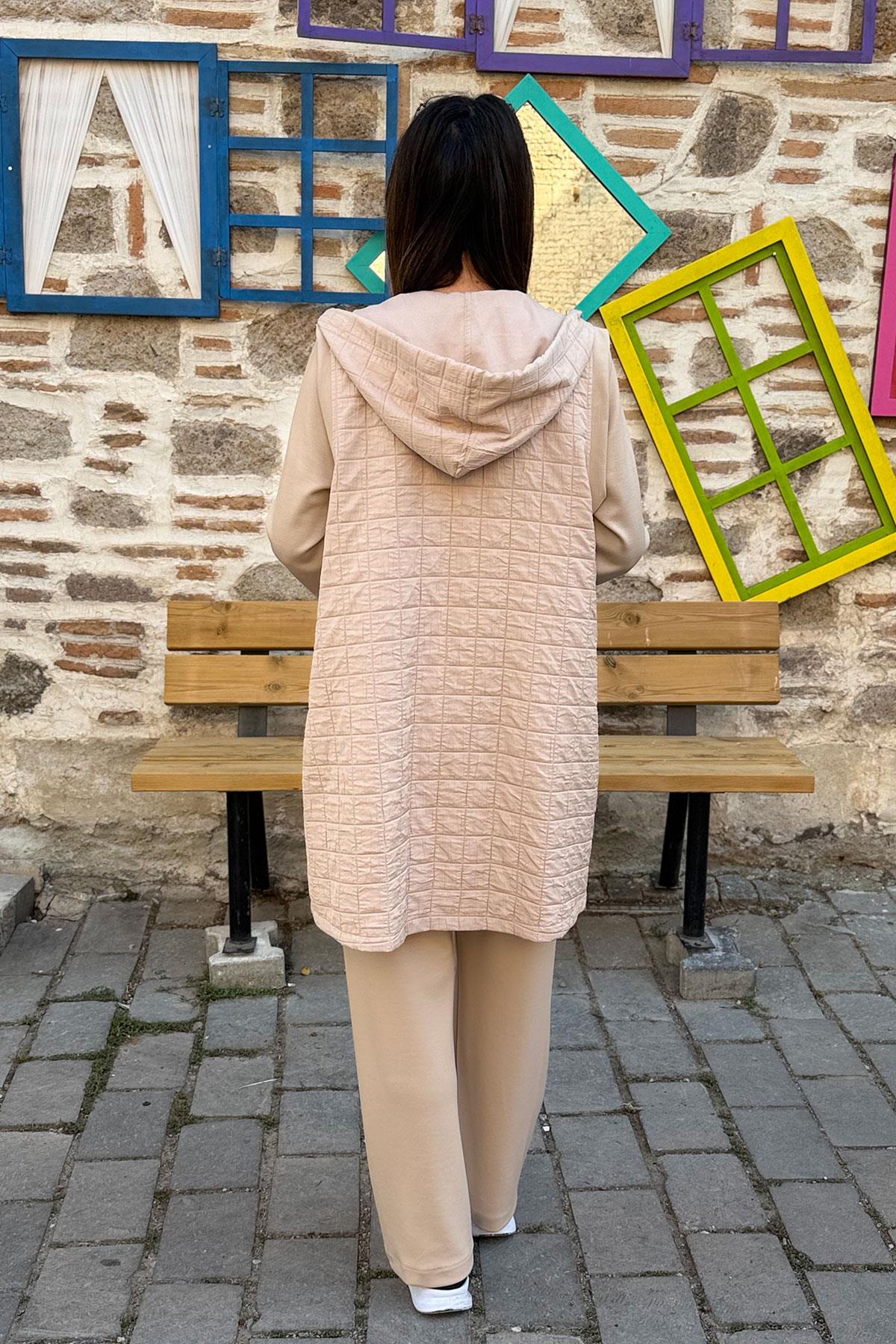 Kapitone Yelekli Oysho Kumaş Üçlü Takım - BEJ