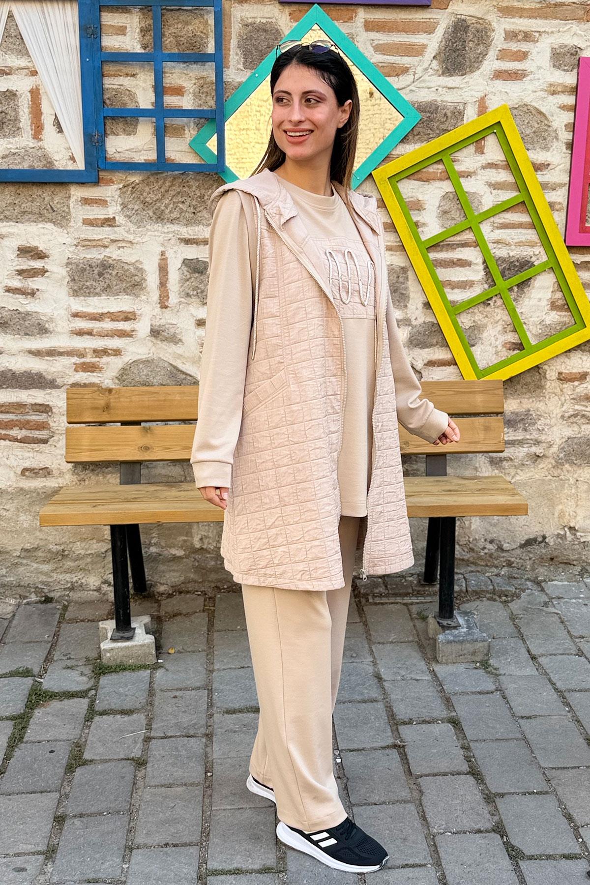 Kapitone Yelekli Oysho Kumaş Üçlü Takım - BEJ