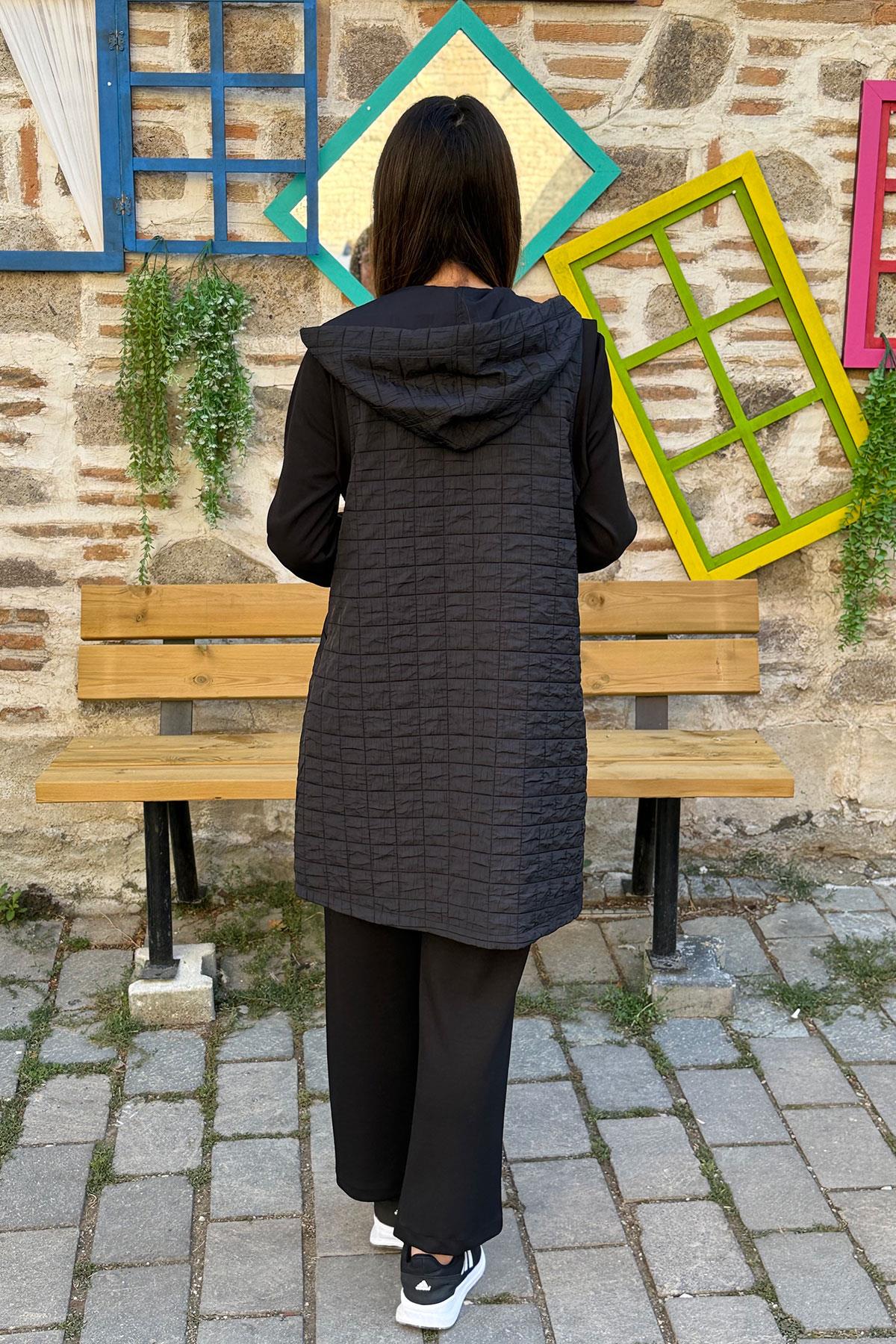 Kapitone Yelekli Oysho Kumaş Üçlü Takım - SİYAH