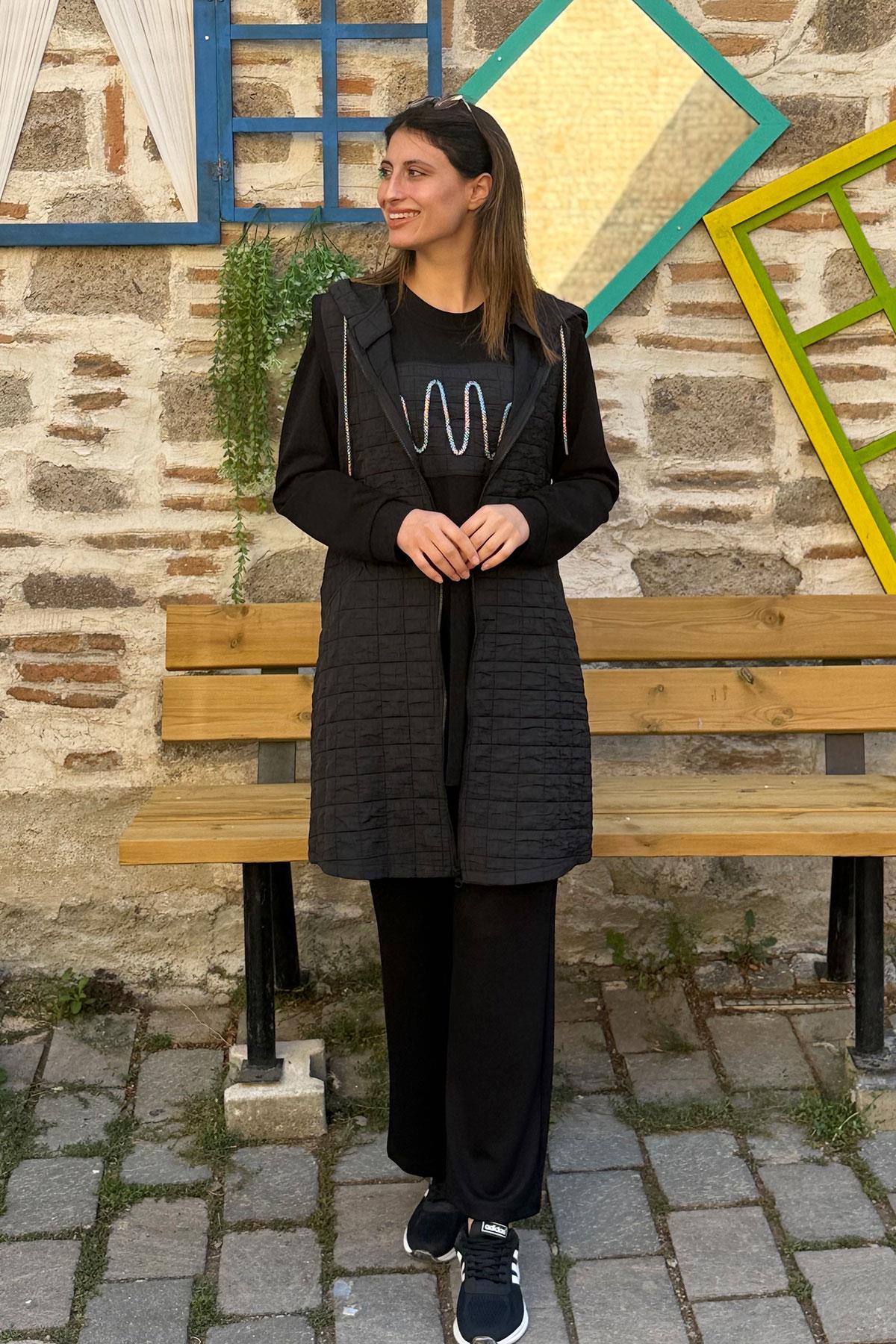 Kapitone Yelekli Oysho Kumaş Üçlü Takım - SİYAH