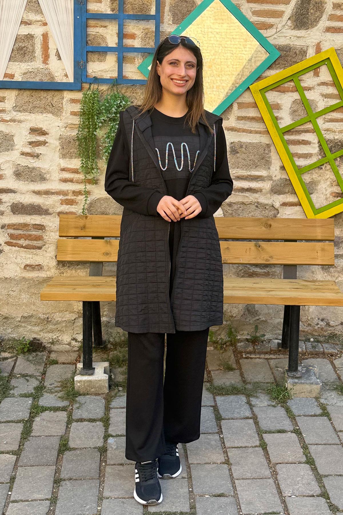 Kapitone Yelekli Oysho Kumaş Üçlü Takım - SİYAH