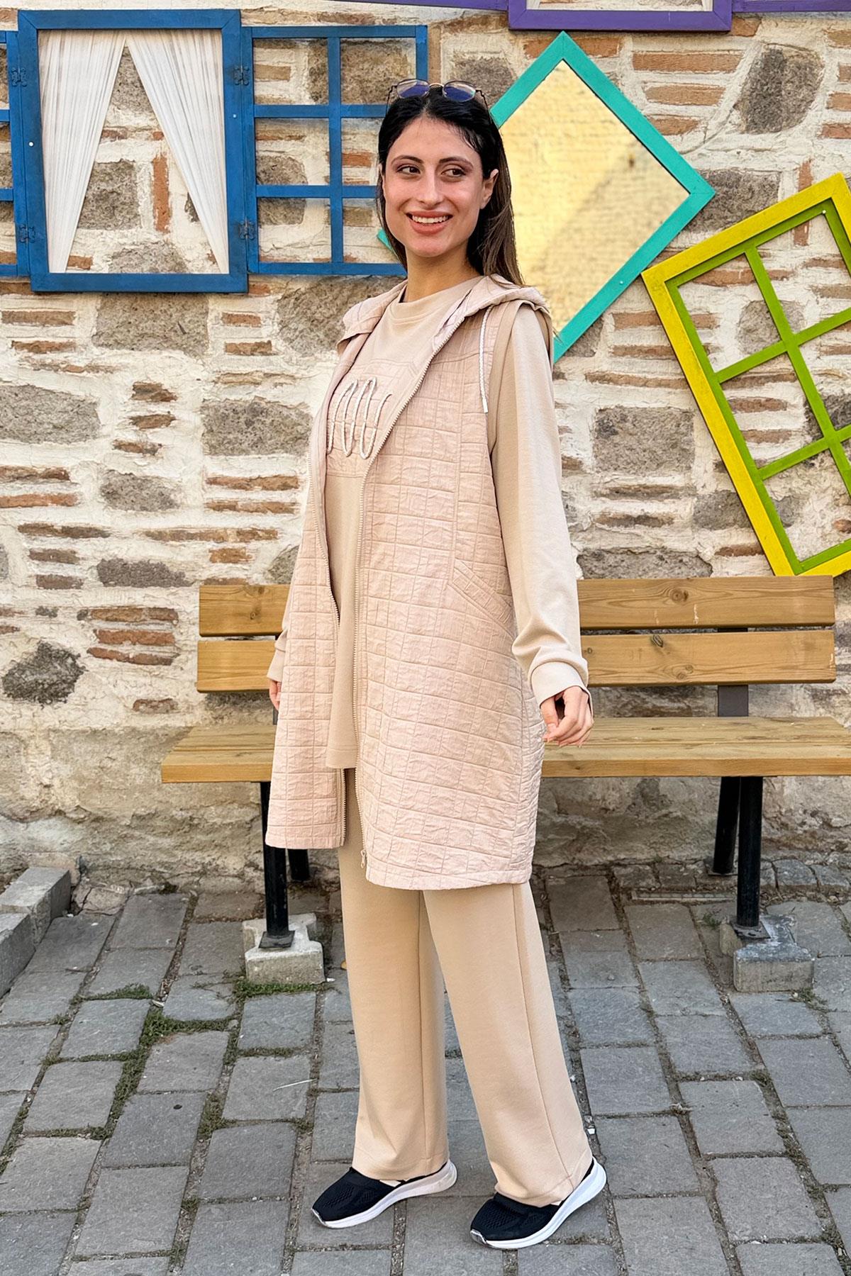 Kapitone Yelekli Oysho Kumaş Üçlü Takım - BEJ