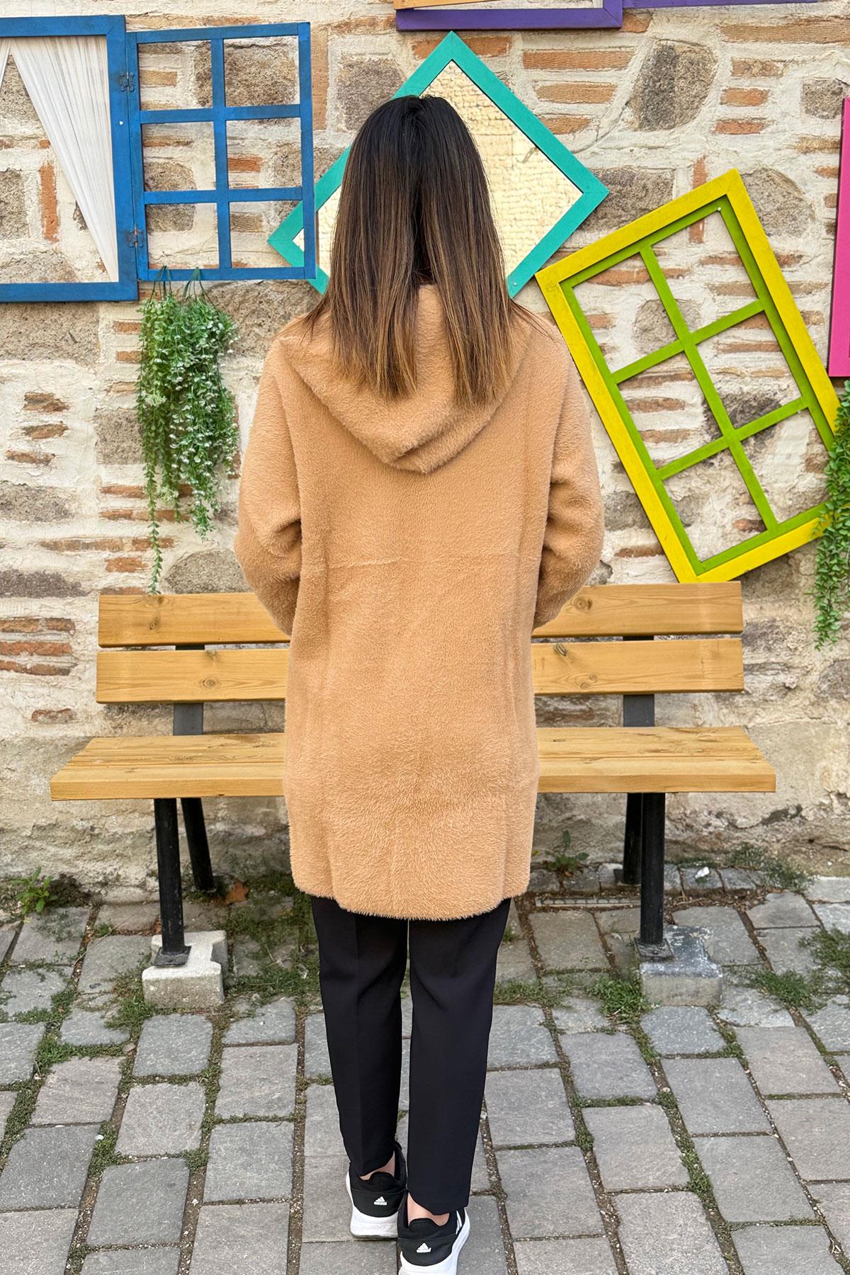 Kapüşonlu Angora Hırka - CAMEL