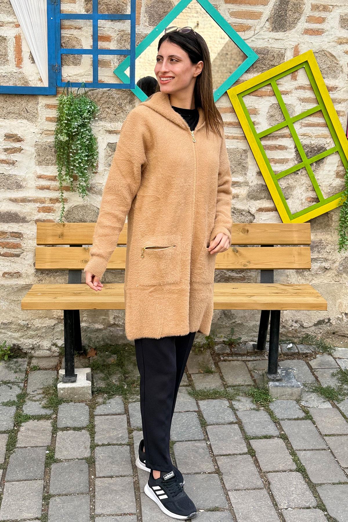 Kapüşonlu Angora Hırka - CAMEL