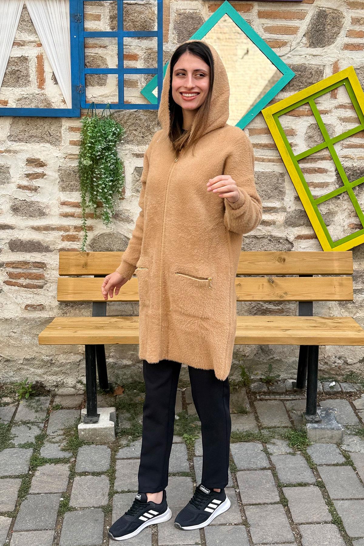 Kapüşonlu Angora Hırka - CAMEL