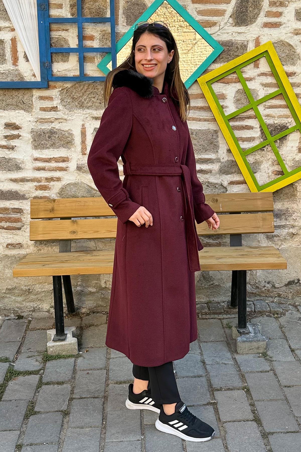 Kapüşonu Kürklü Bağlamalı Kasha Kaban - BORDO