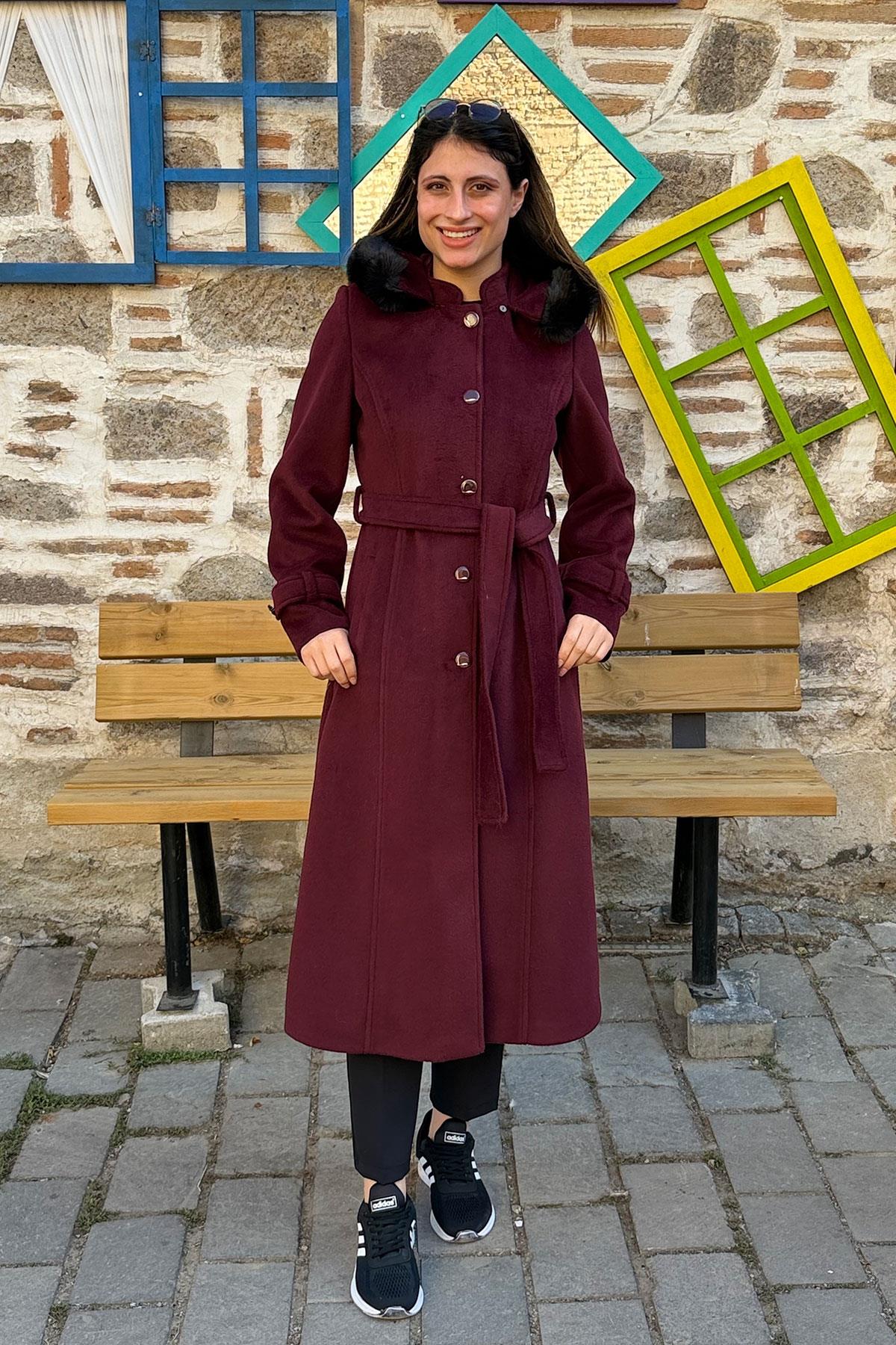 Kapüşonu Kürklü Bağlamalı Kasha Kaban - BORDO