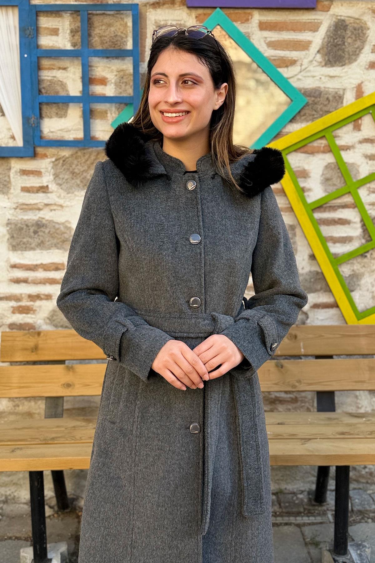 Kapüşonu Kürklü Bağlamalı Kasha Kaban - GRİ