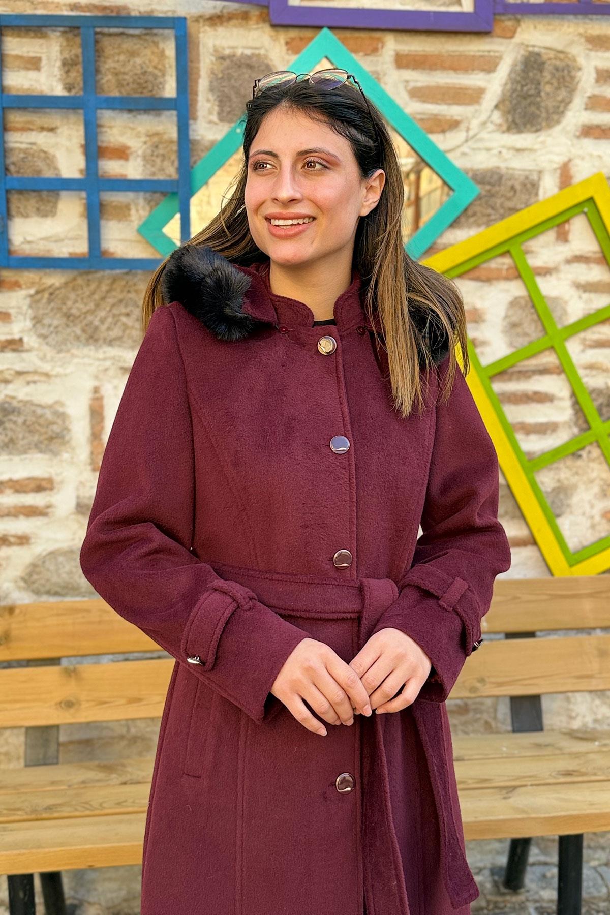 Kapüşonu Kürklü Bağlamalı Kasha Kaban - BORDO