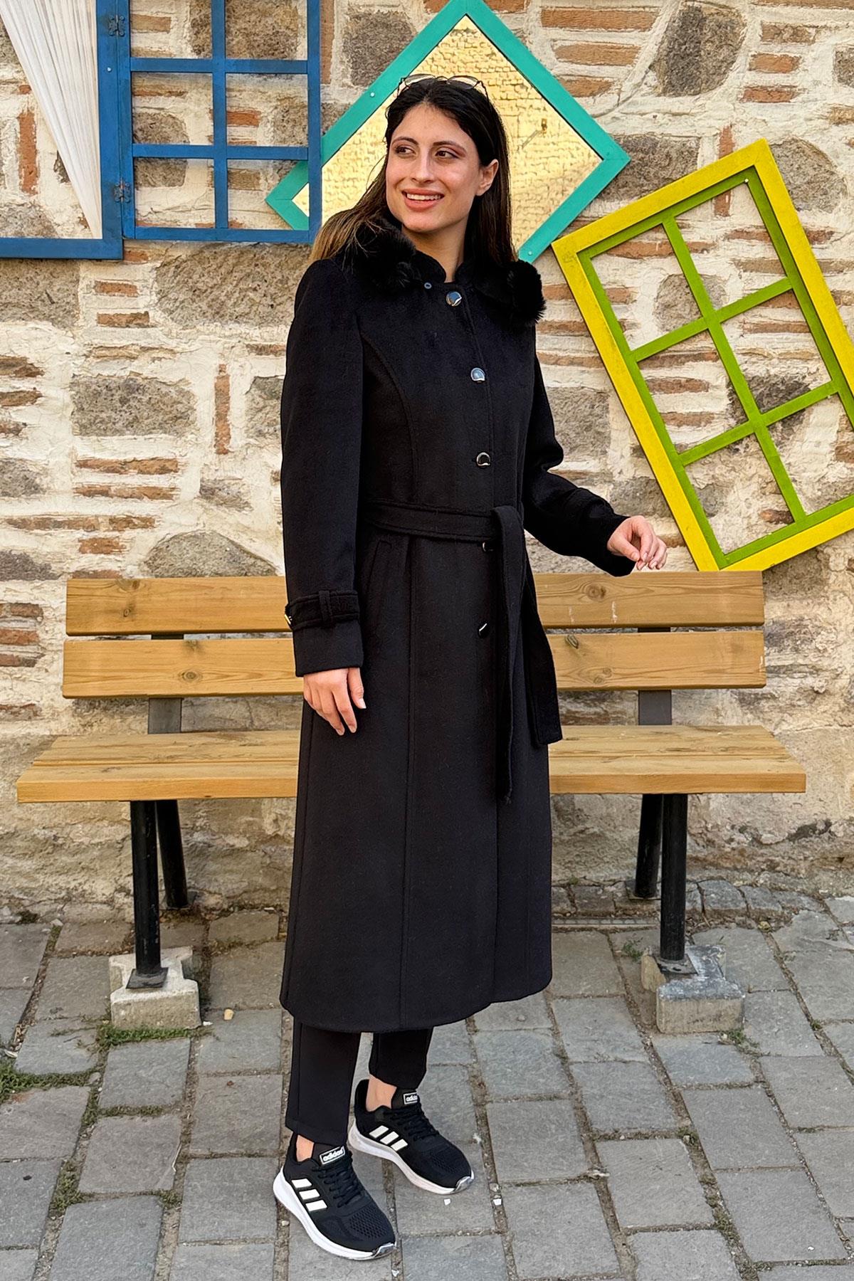 Kapüşonu Kürklü Bağlamalı Kasha Kaban - SİYAH