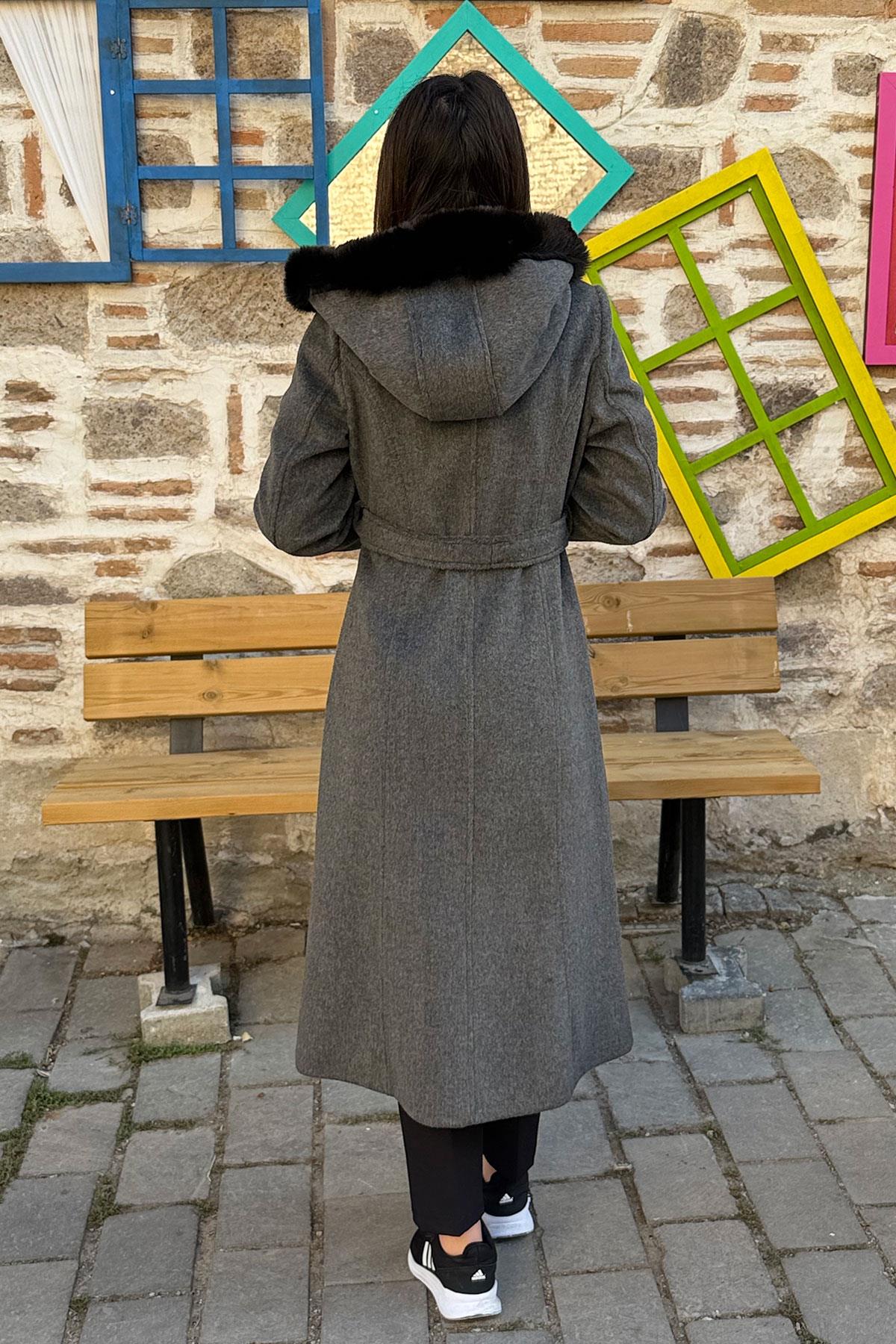 Kapüşonu Kürklü Bağlamalı Kasha Kaban - GRİ