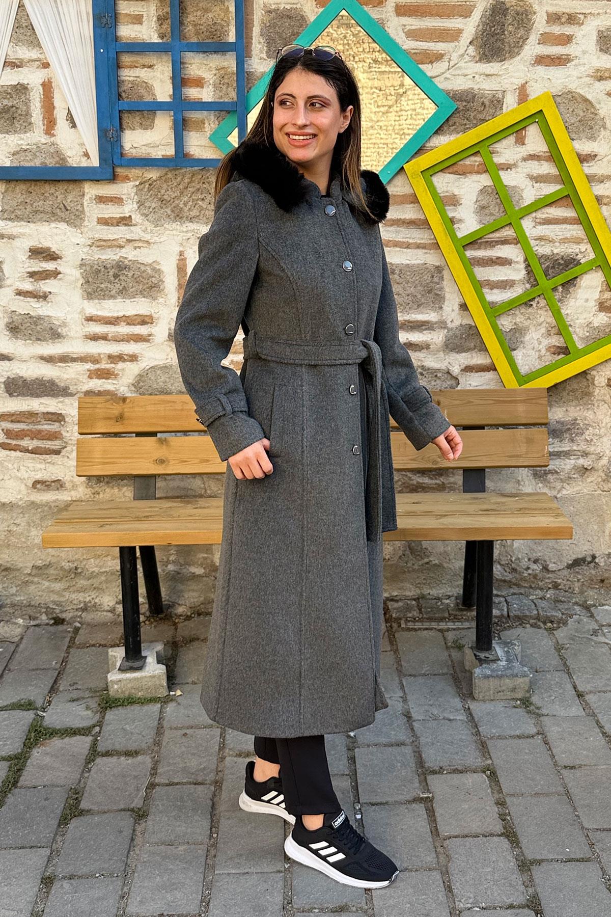 Kapüşonu Kürklü Bağlamalı Kasha Kaban - GRİ