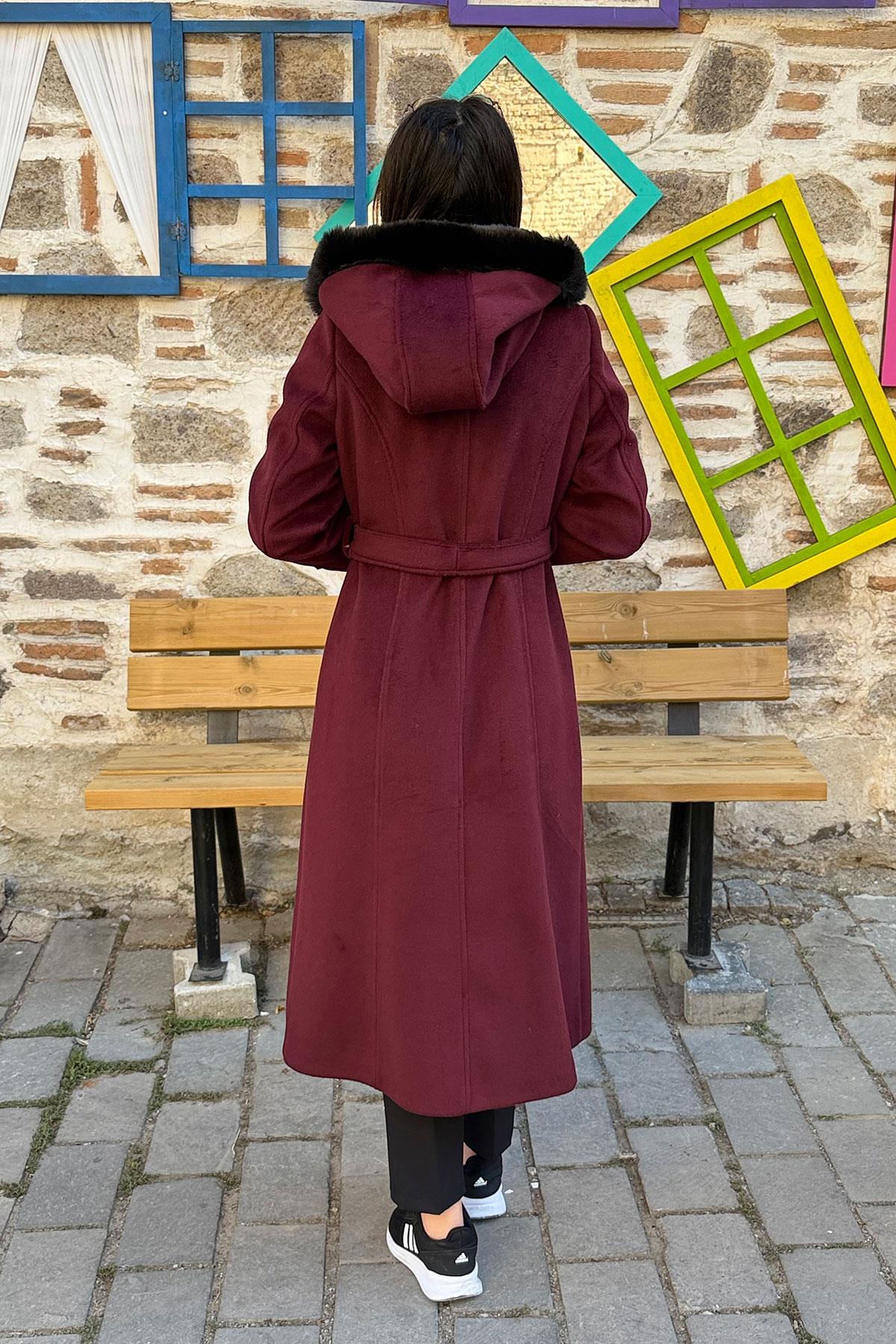 Kapüşonu Kürklü Bağlamalı Kasha Kaban - BORDO