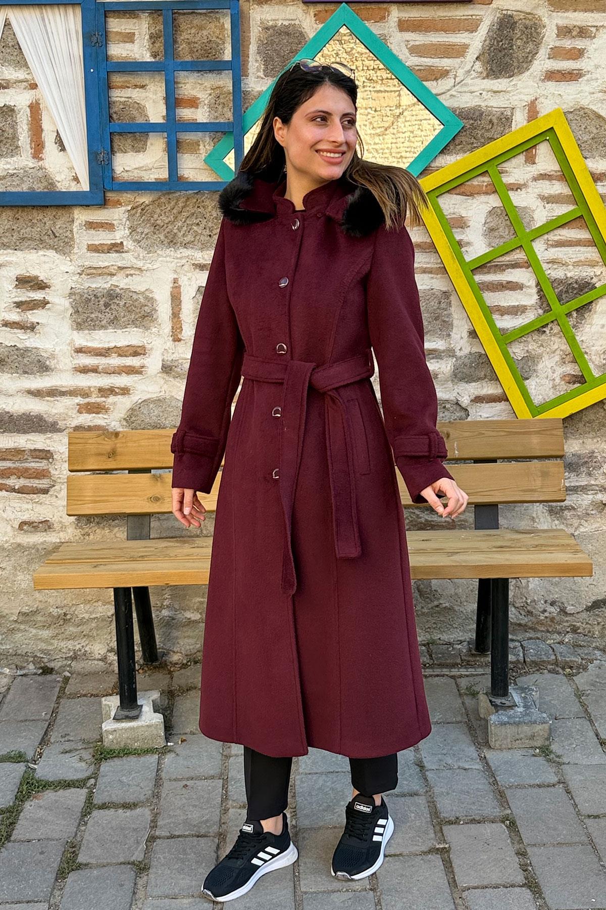 Kapüşonu Kürklü Bağlamalı Kasha Kaban - BORDO